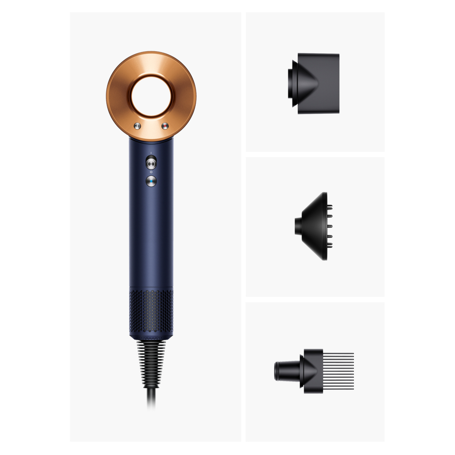 A blue and gold hair dryer with attachments. There are three additional nozzle attachments.