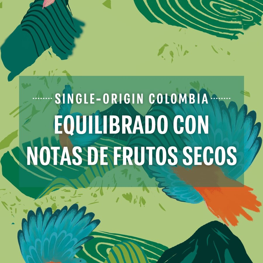 Ilustración de un pájaro azul con hojas verdes y texto: 'SINGLE-ORIGIN COLOMBIA EQUILIBRADO CON NOTAS DE FRUTOS SECOS'.