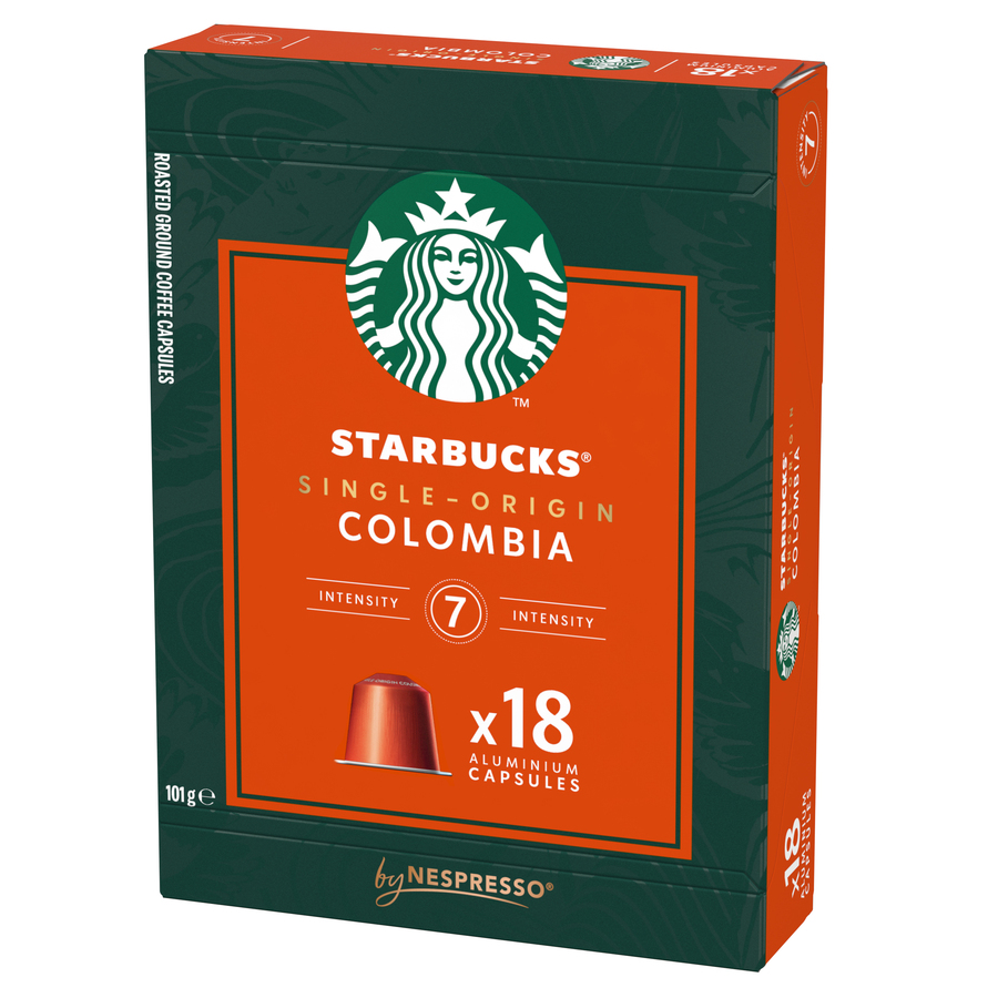 Caja de cápsulas de café Starbucks con fondo naranja y detalles verdes.