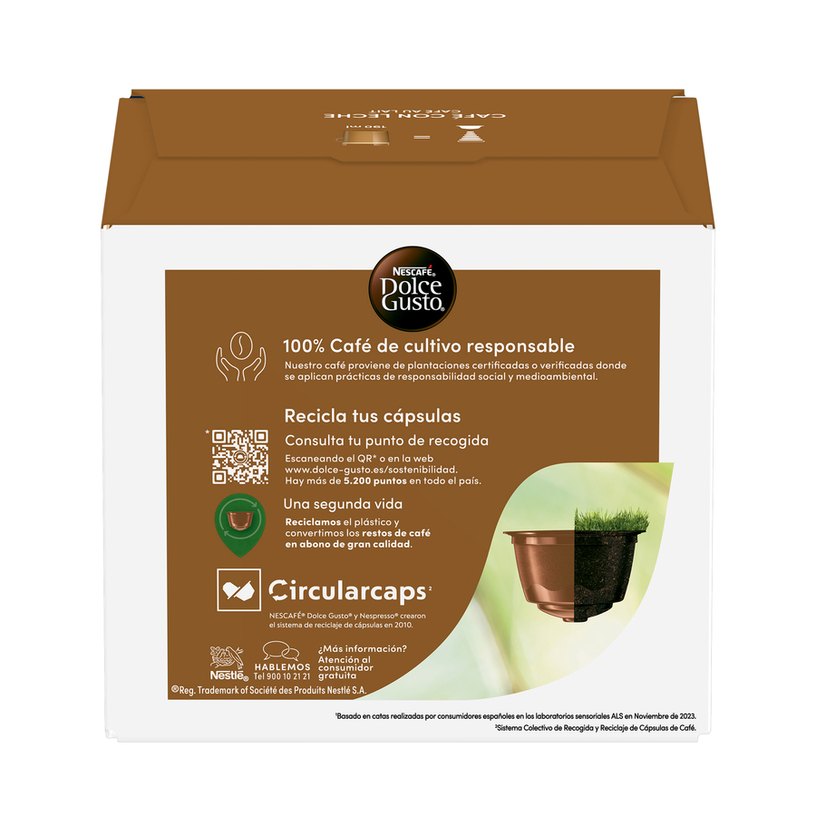 Caja de cápsulas de café Dolce Gusto con texto, código QR y gráfico de cápsula con hierba.