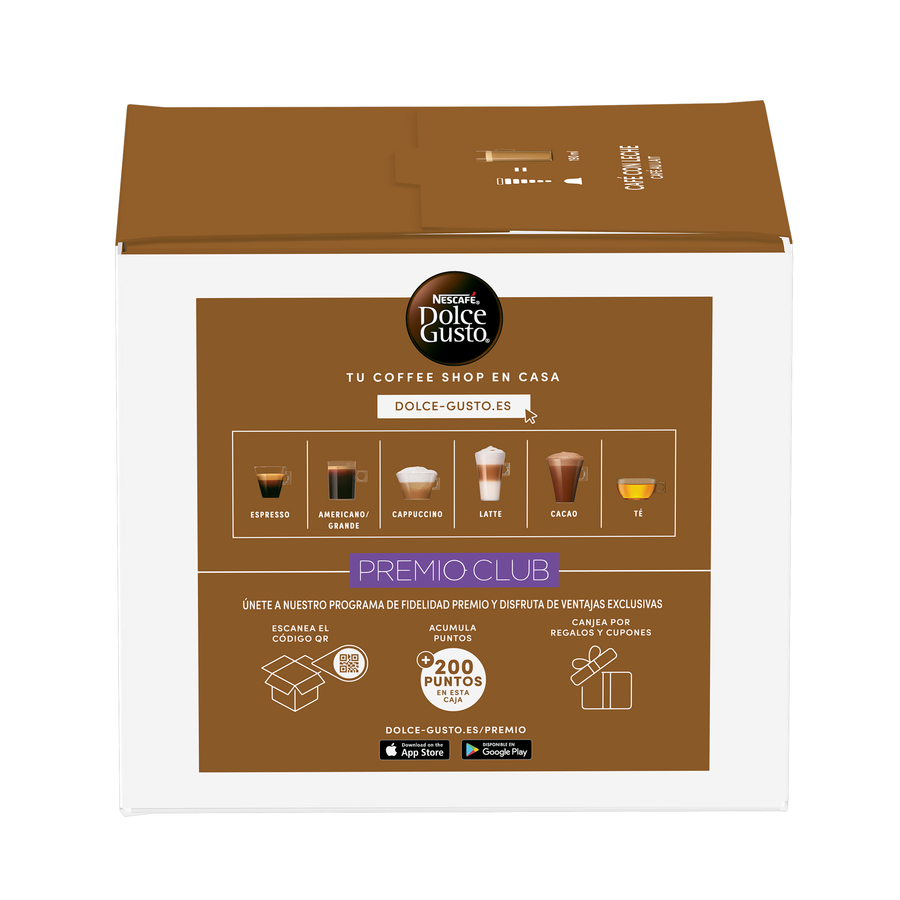 Una caja de café con varias imágenes de café y una promoción para un club de fidelización.