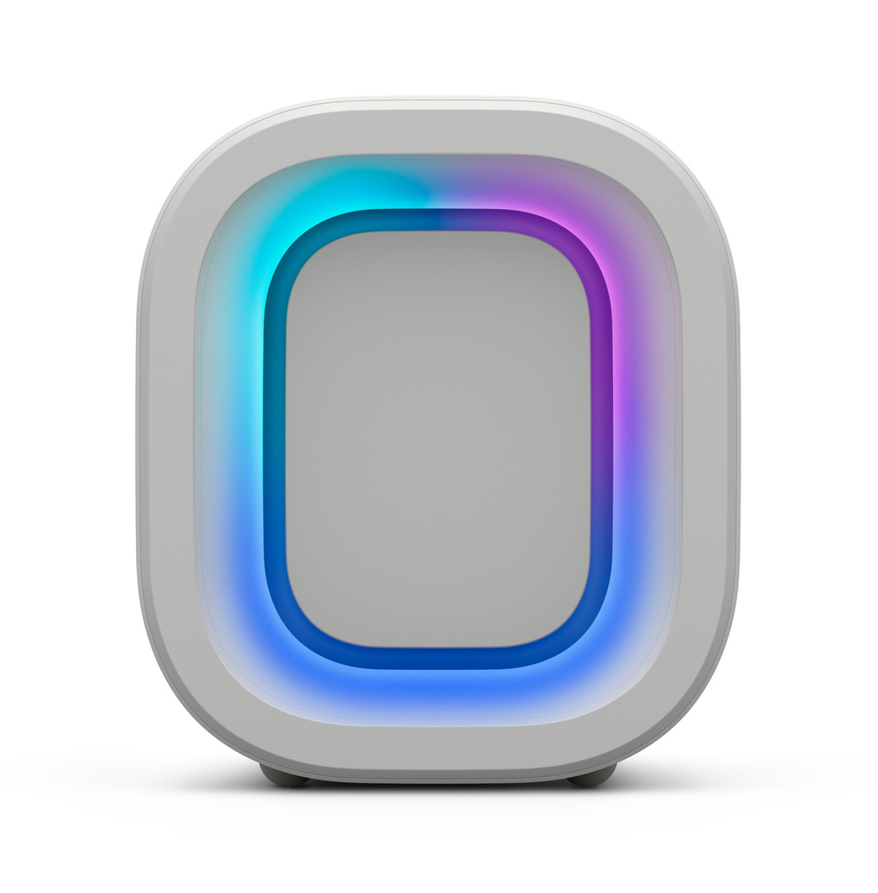 Białe, zaokrąglone kwadratowe urządzenie z szarym środkiem i kolorową, świecącą obwódką, prawdopodobnie oczyszczacz powietrza.