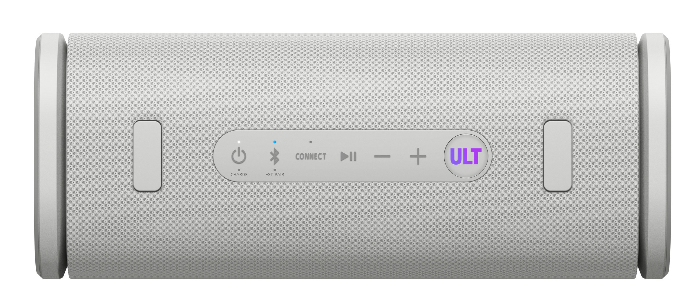 Biały głośnik z przyciskami zasilania, połączenia i regulacji głośności.