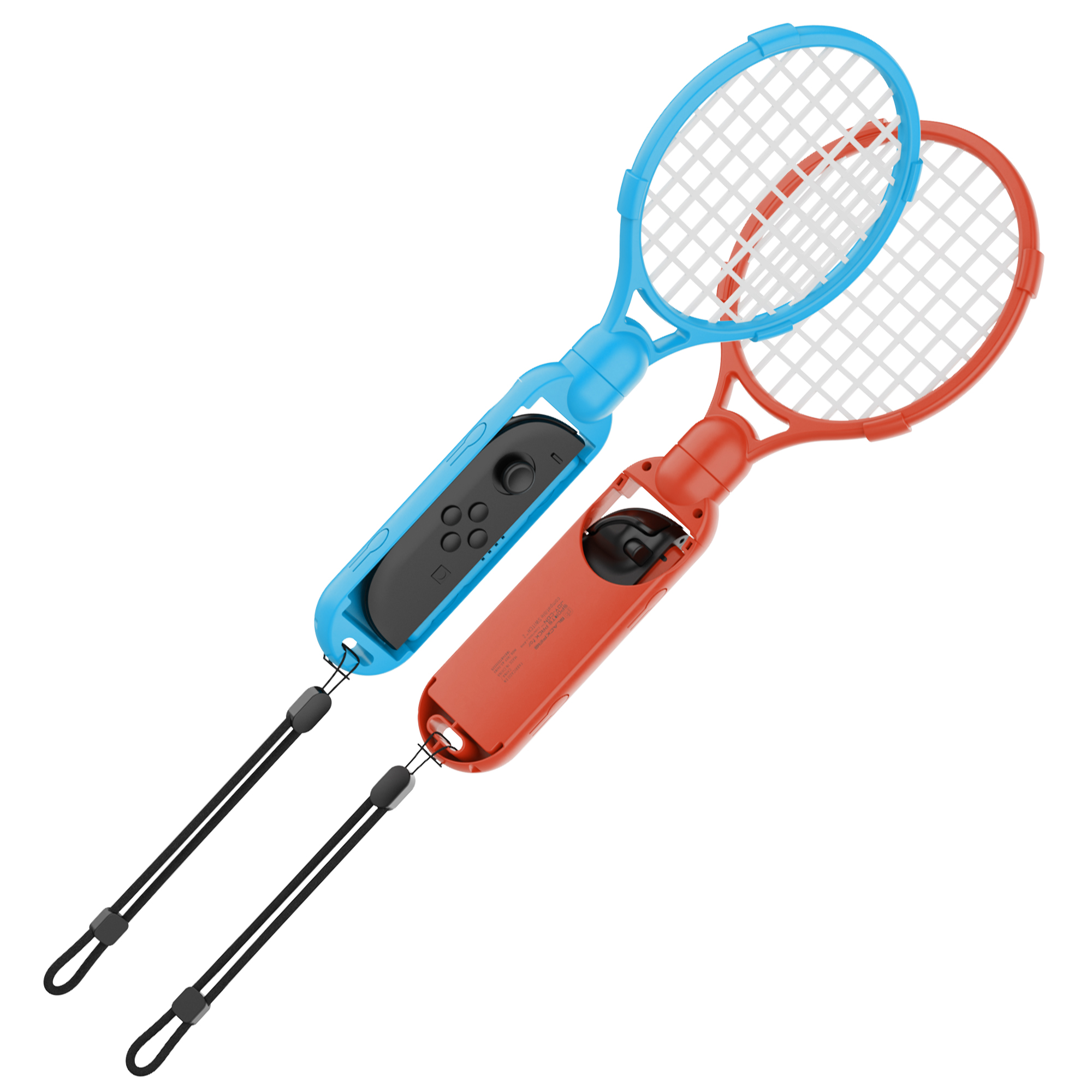 Dos raquetas de juego, azul y roja, con correas para la muñeca, vista en ángulo.