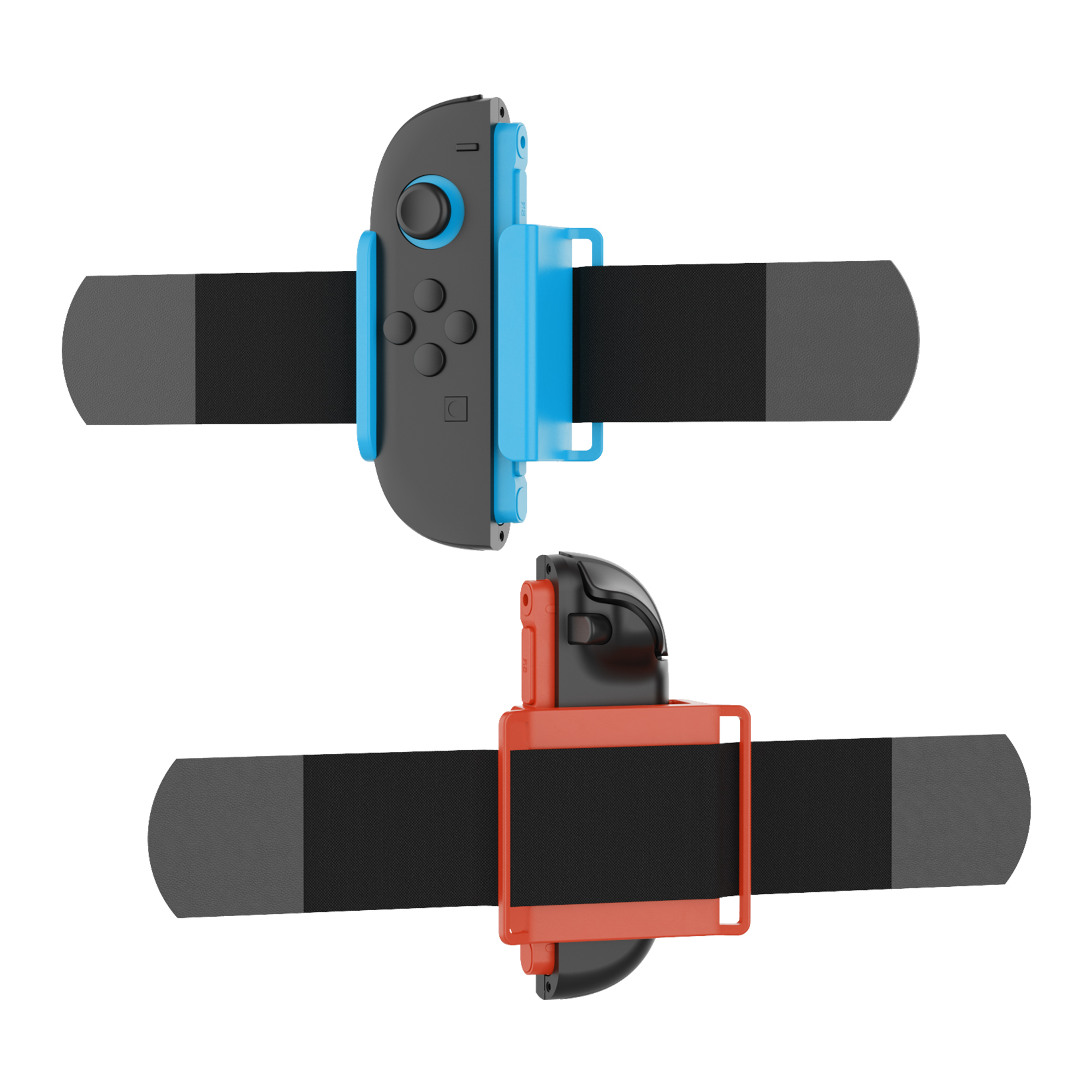 Dos mandos adjuntos a correas. Uno es azul y negro, el otro rojo y negro.
