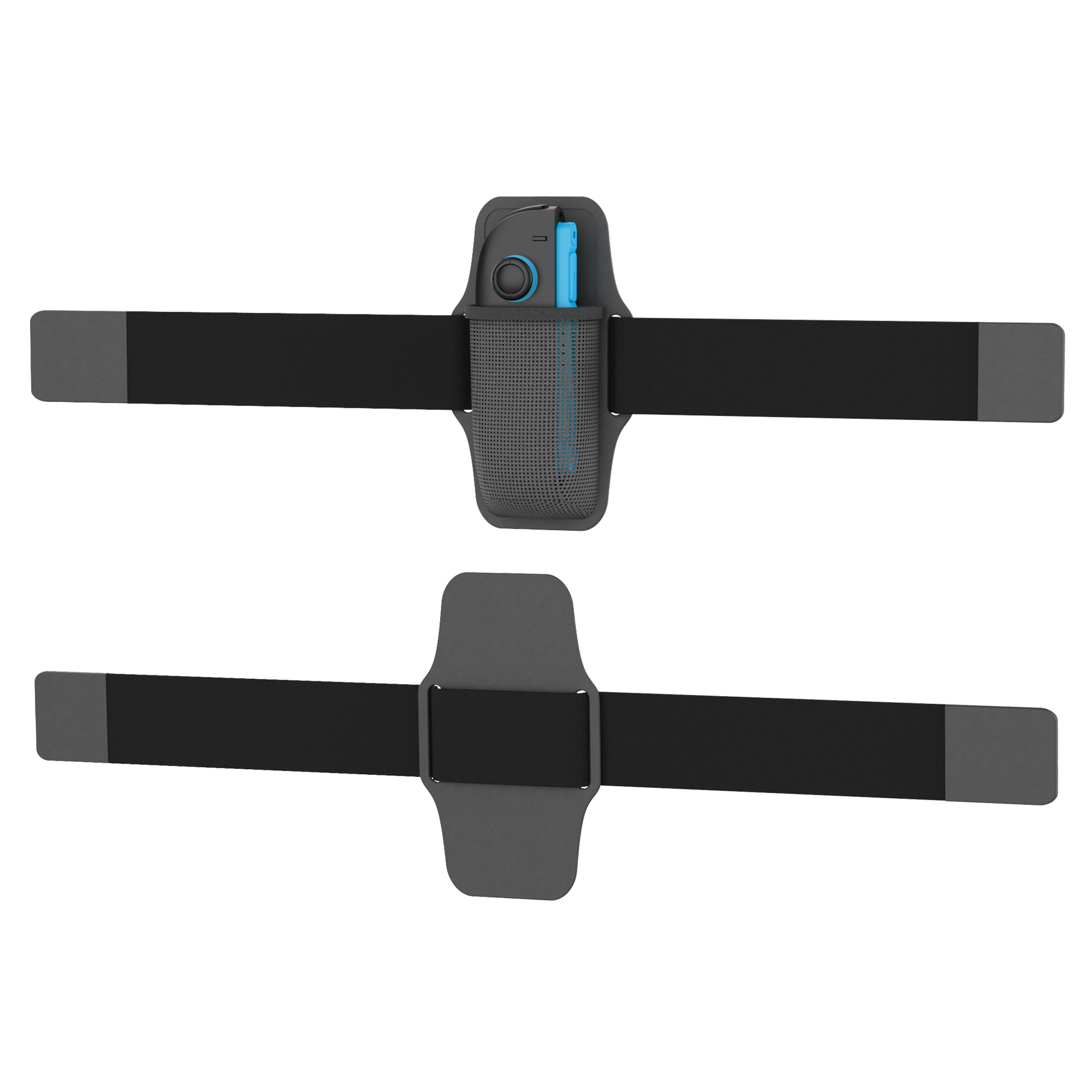 Dos brazaletes negros con soportes para teléfonos. Uno sostiene un teléfono azul.
