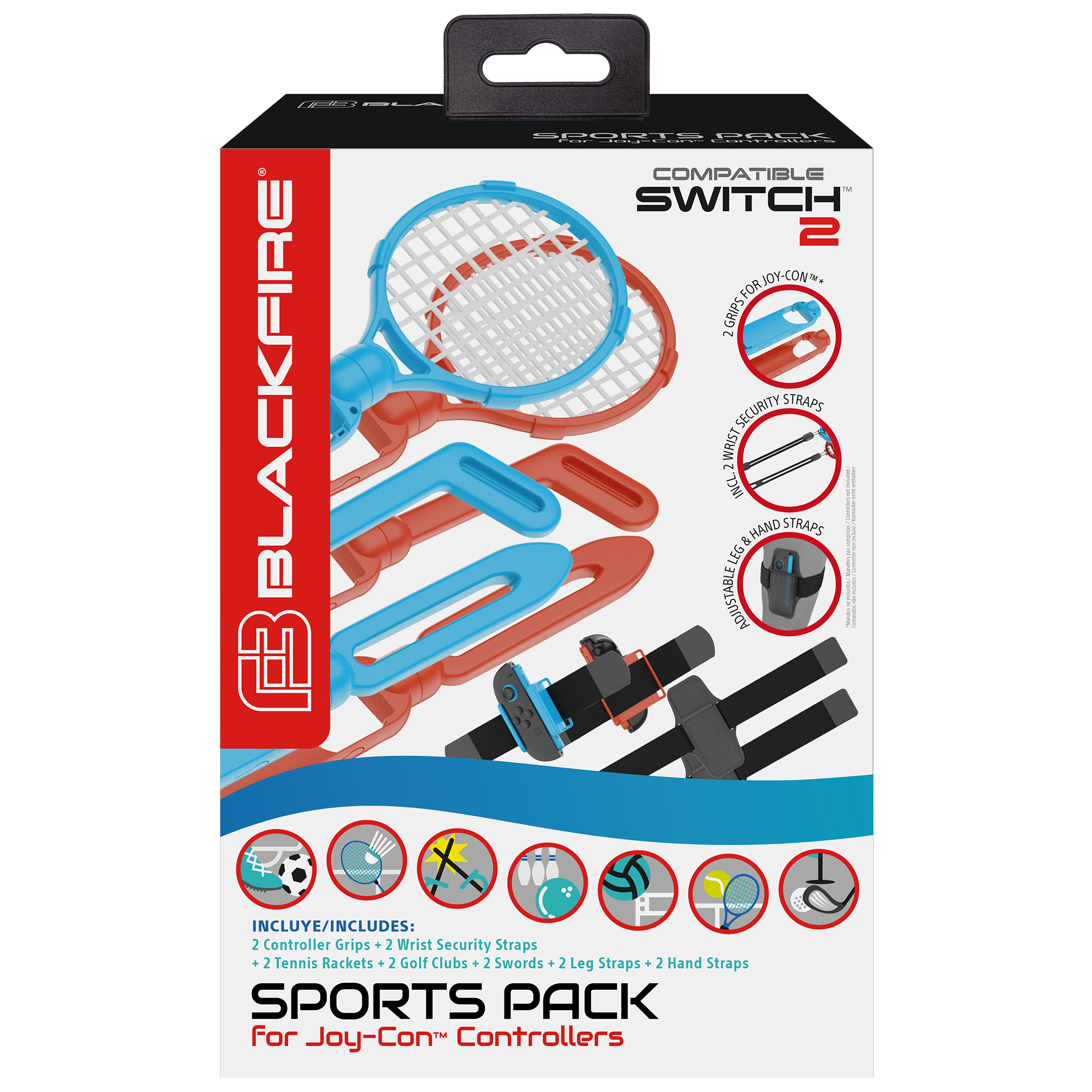 Caja de pack deportivo con equipo de tenis y golf. La caja tiene un esquema de color negro y rojo.