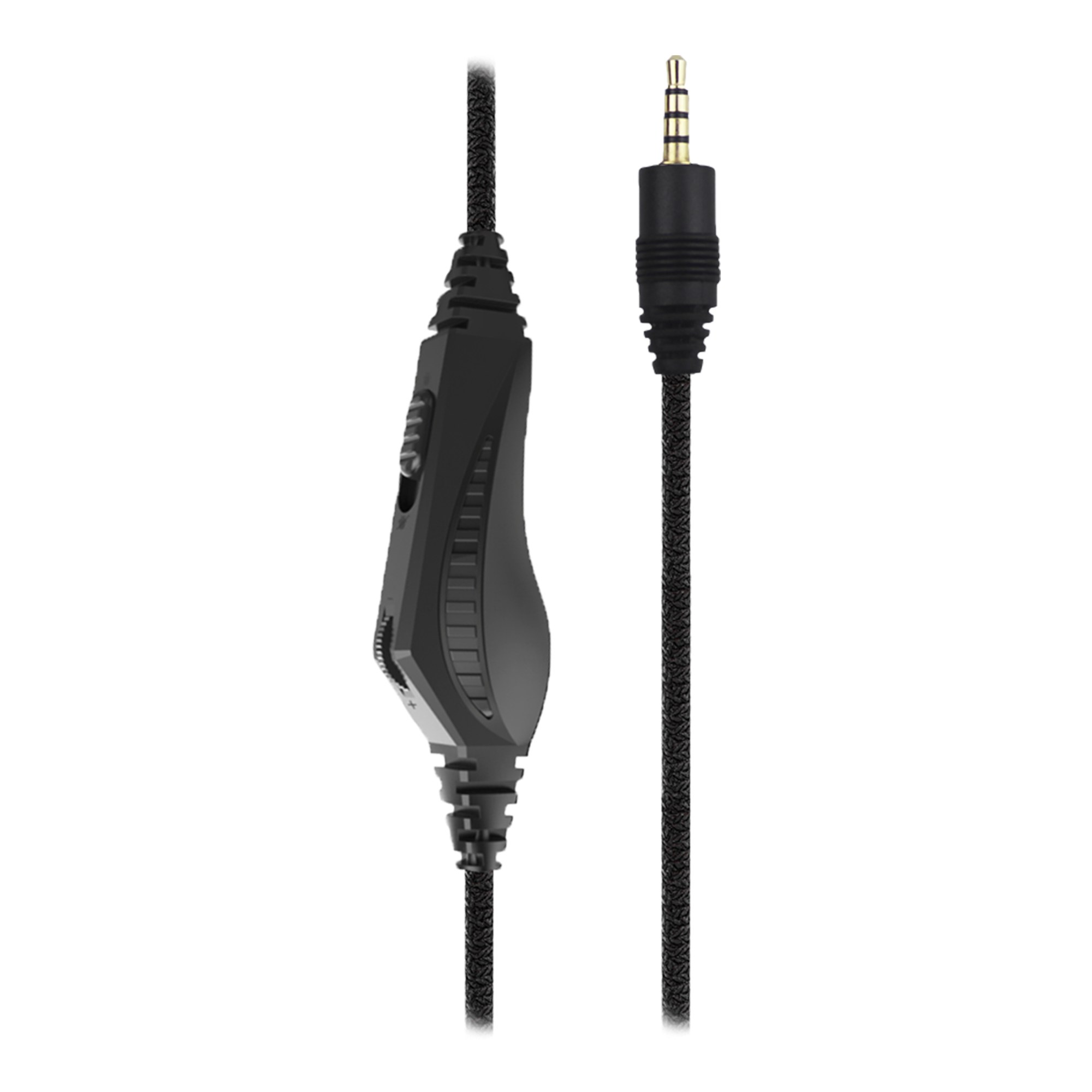 Cable de audio negro con control de volumen en línea y conector de 3,5 mm. Cable trenzado.