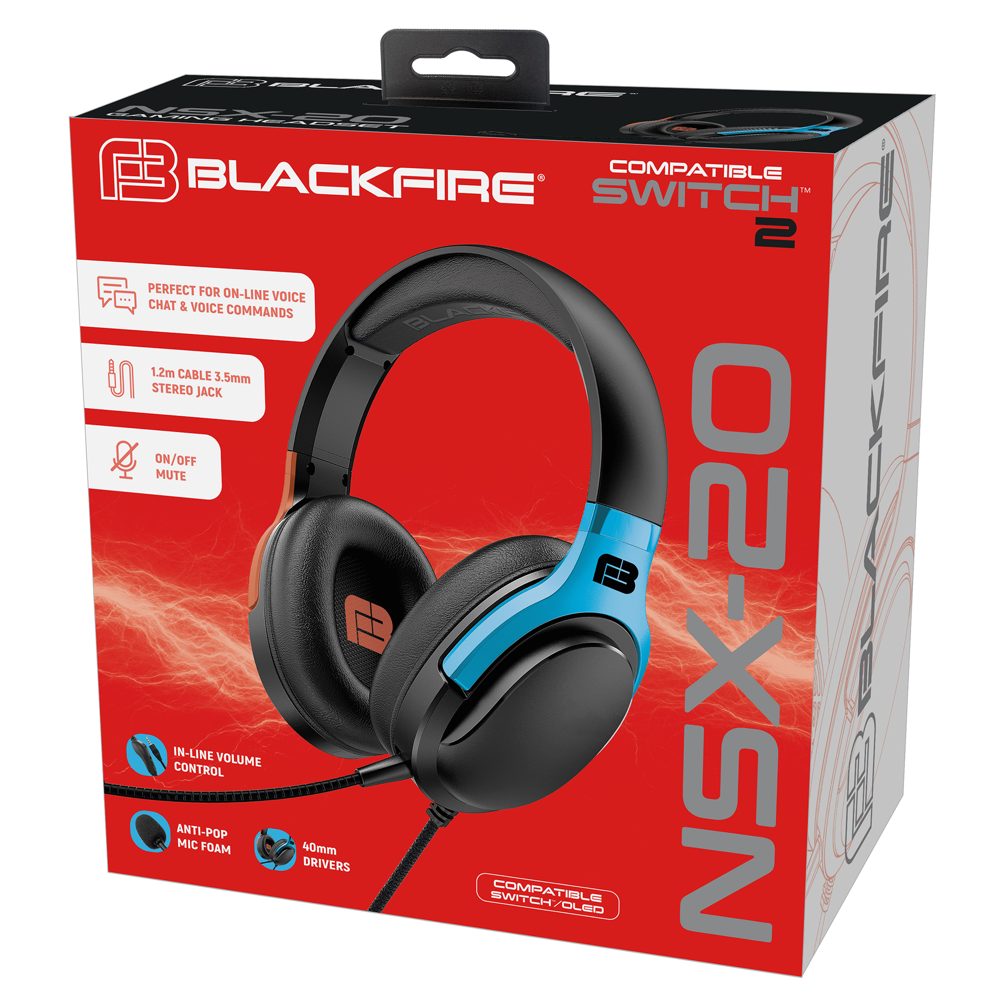 Una caja de auriculares Blackfire NSX-20, con un esquema de color azul y negro.