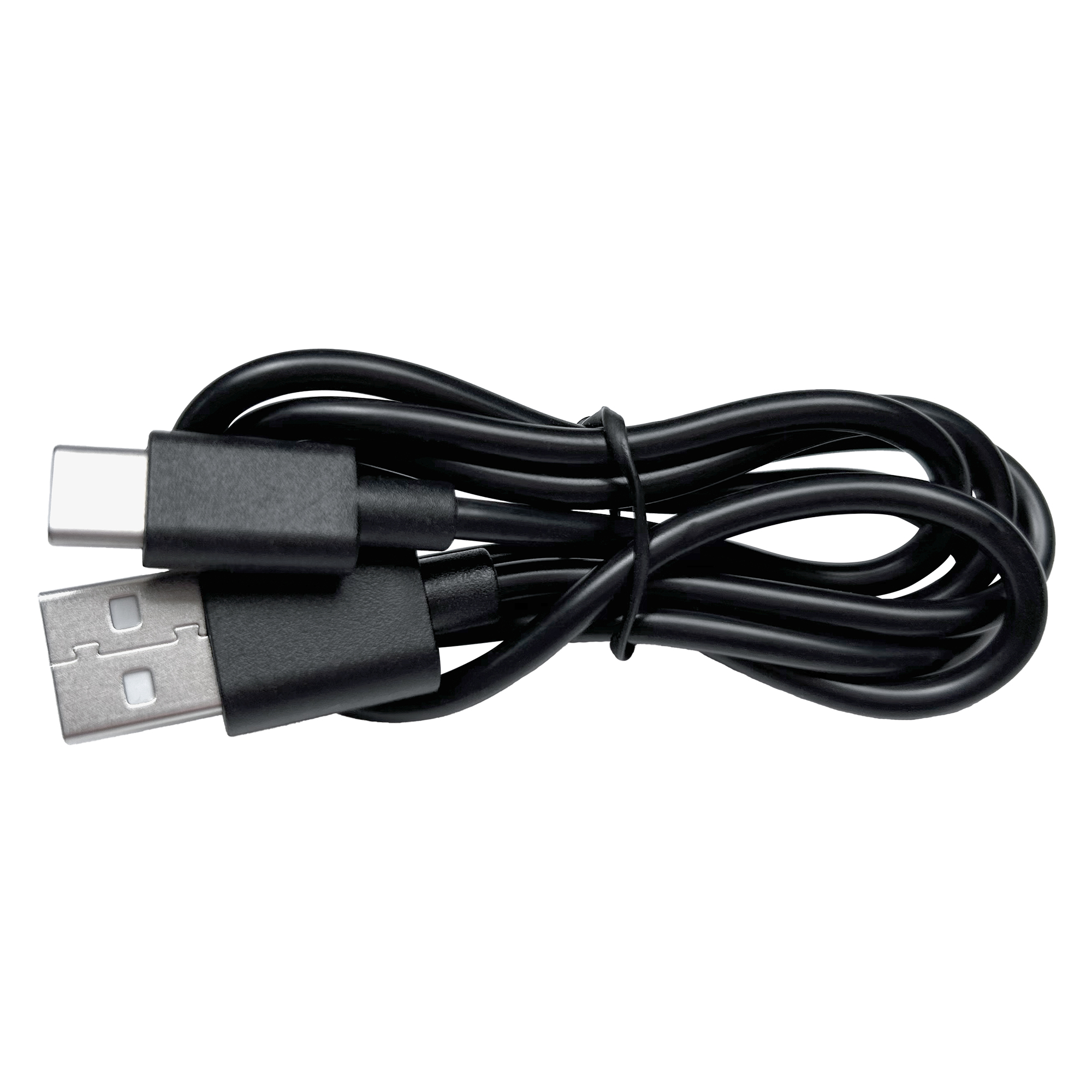 Cable USB-C a USB-A negro enrollado.