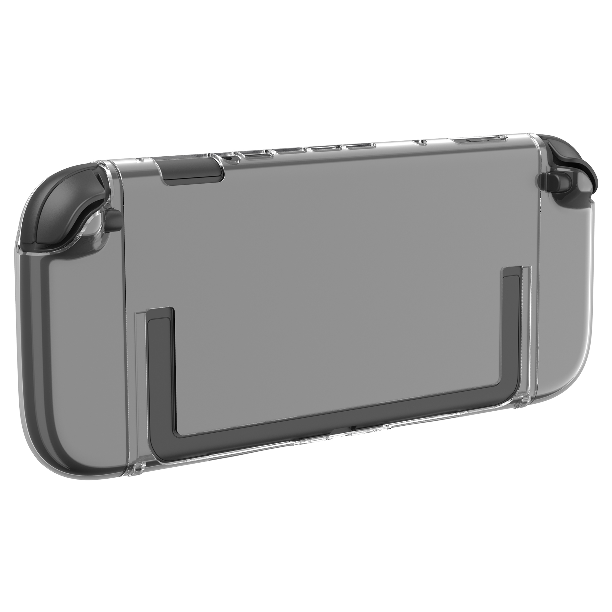 Funda transparente Nintendo Switch. Parte trasera gris. Asas y marco negros.