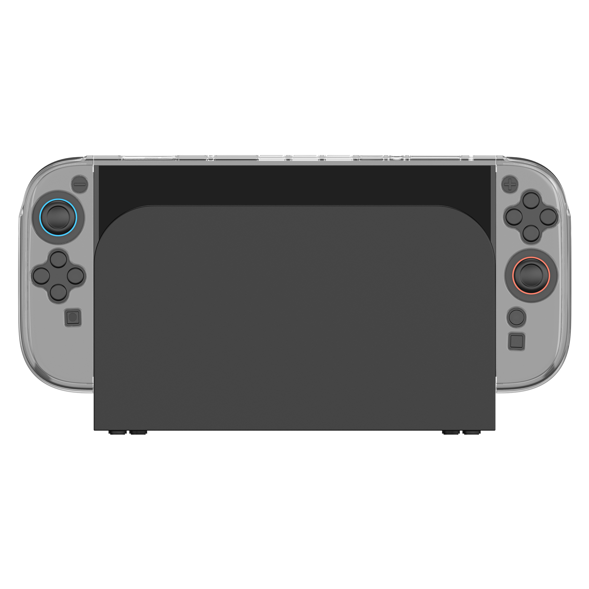 Una consola de juegos gris con mandos adjuntos y una base de carga.