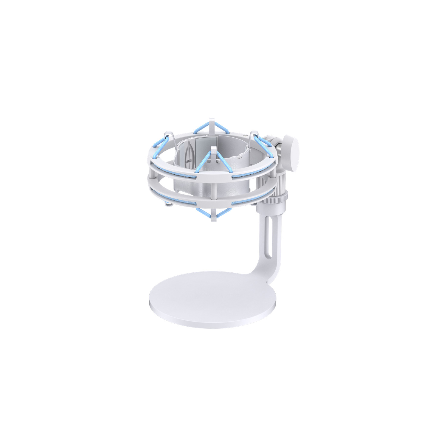 Soporte de micrófono blanco con detalles azules, base circular y soporte para micrófono.