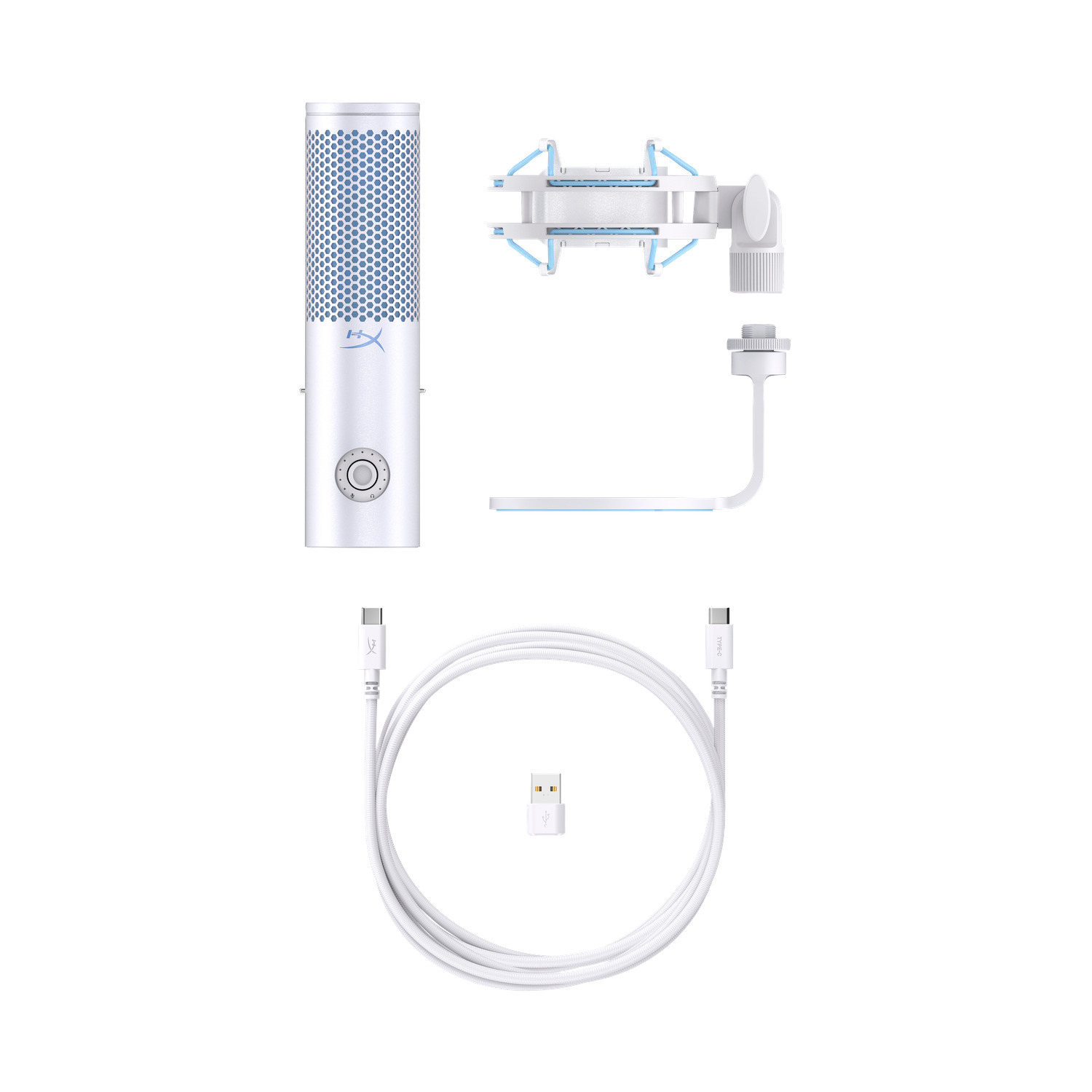 Un micrófono blanco con componentes, incluyendo un soporte de choque, soporte y cable USB.