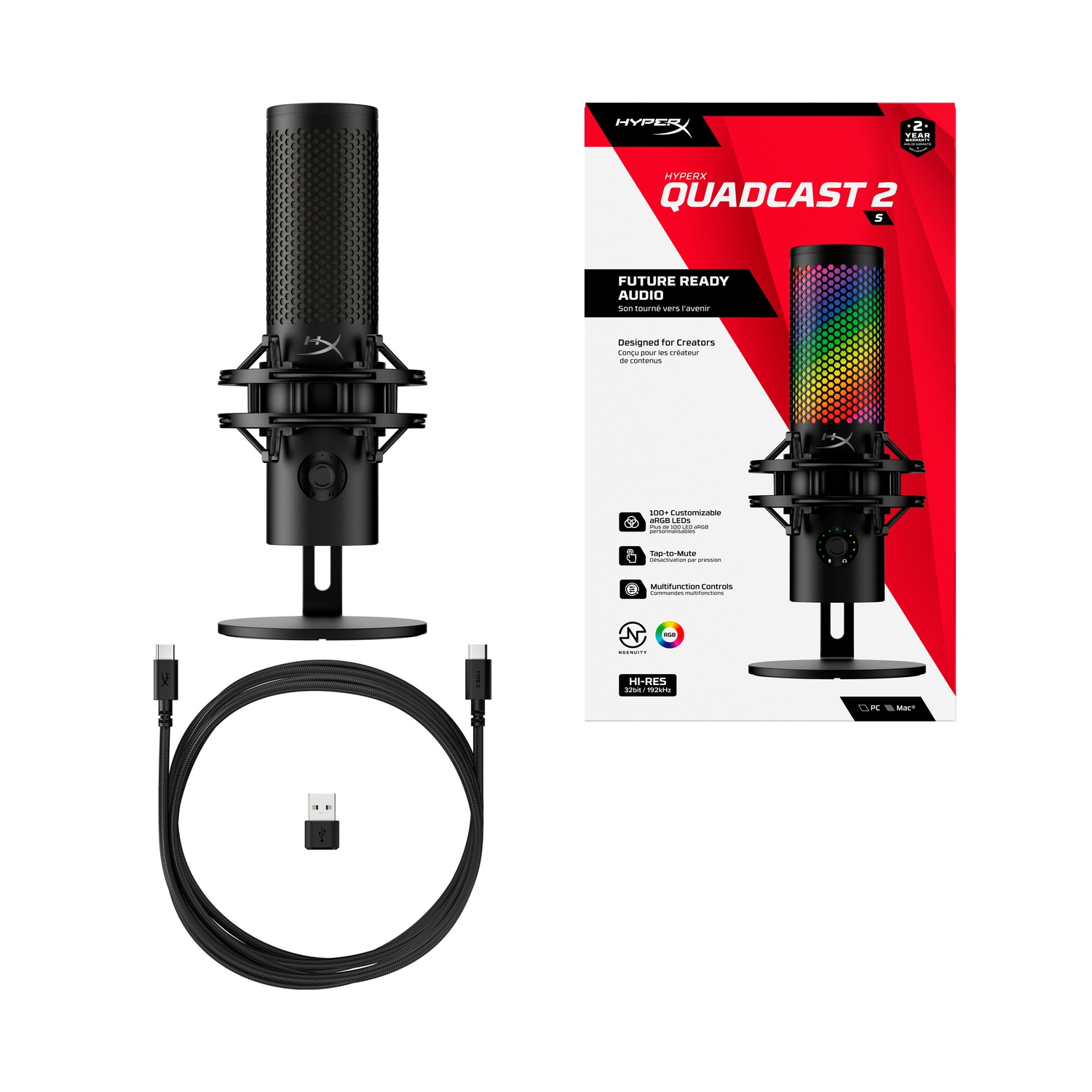 Micrófono, cable y caja negros. La caja tiene una pantalla de luz colorida. El nombre del producto es QuadCast 2.