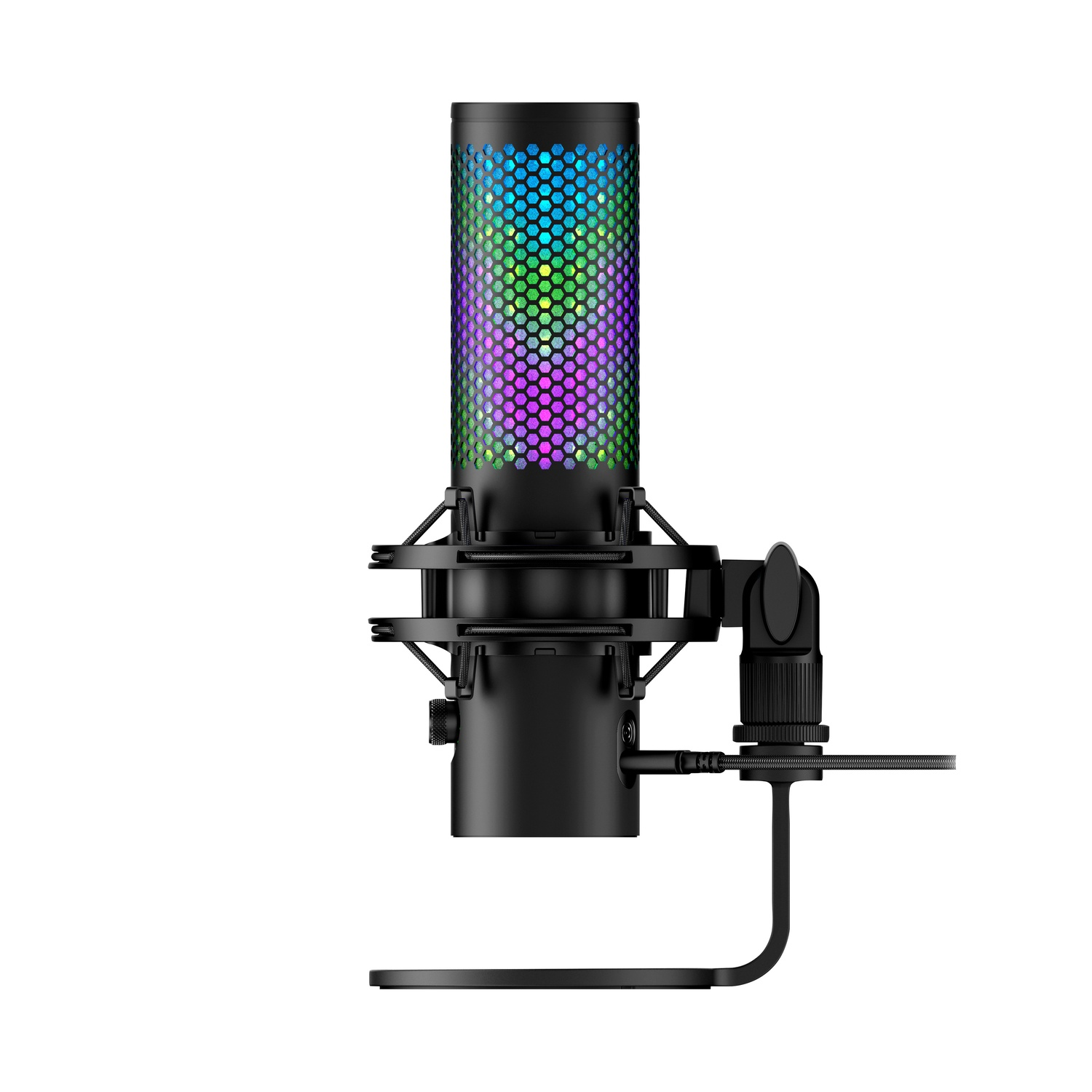 Un micrófono negro con luces coloridas y soporte, sobre fondo blanco. El micrófono es el foco principal.