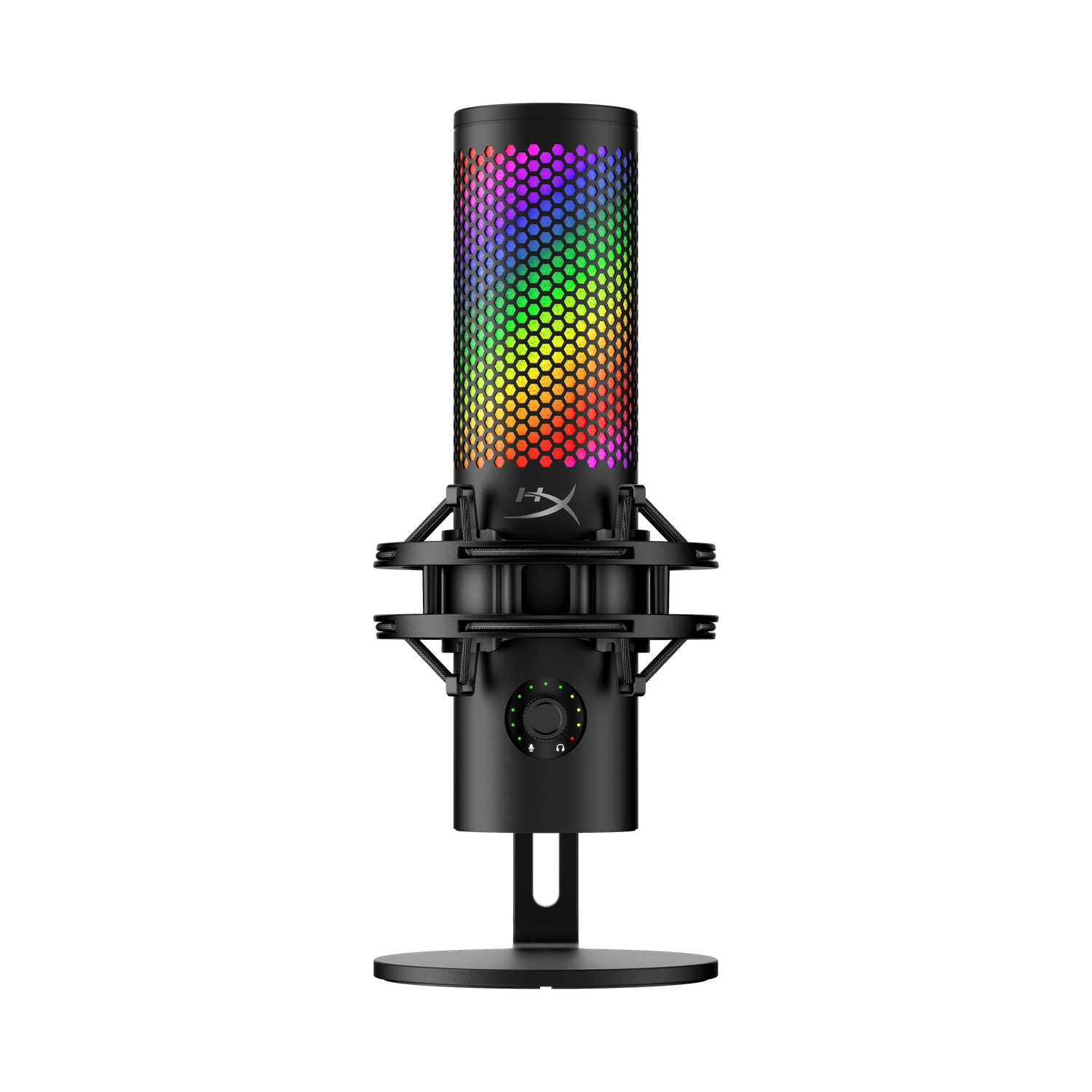 Un micrófono HyperX negro con luces coloridas, sobre un soporte contra un fondo negro.