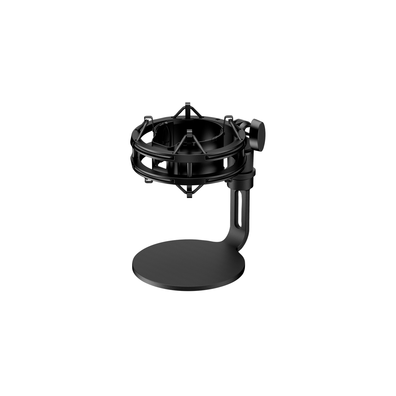 Soporte de micrófono negro sobre un soporte. Aislado sobre fondo negro.
