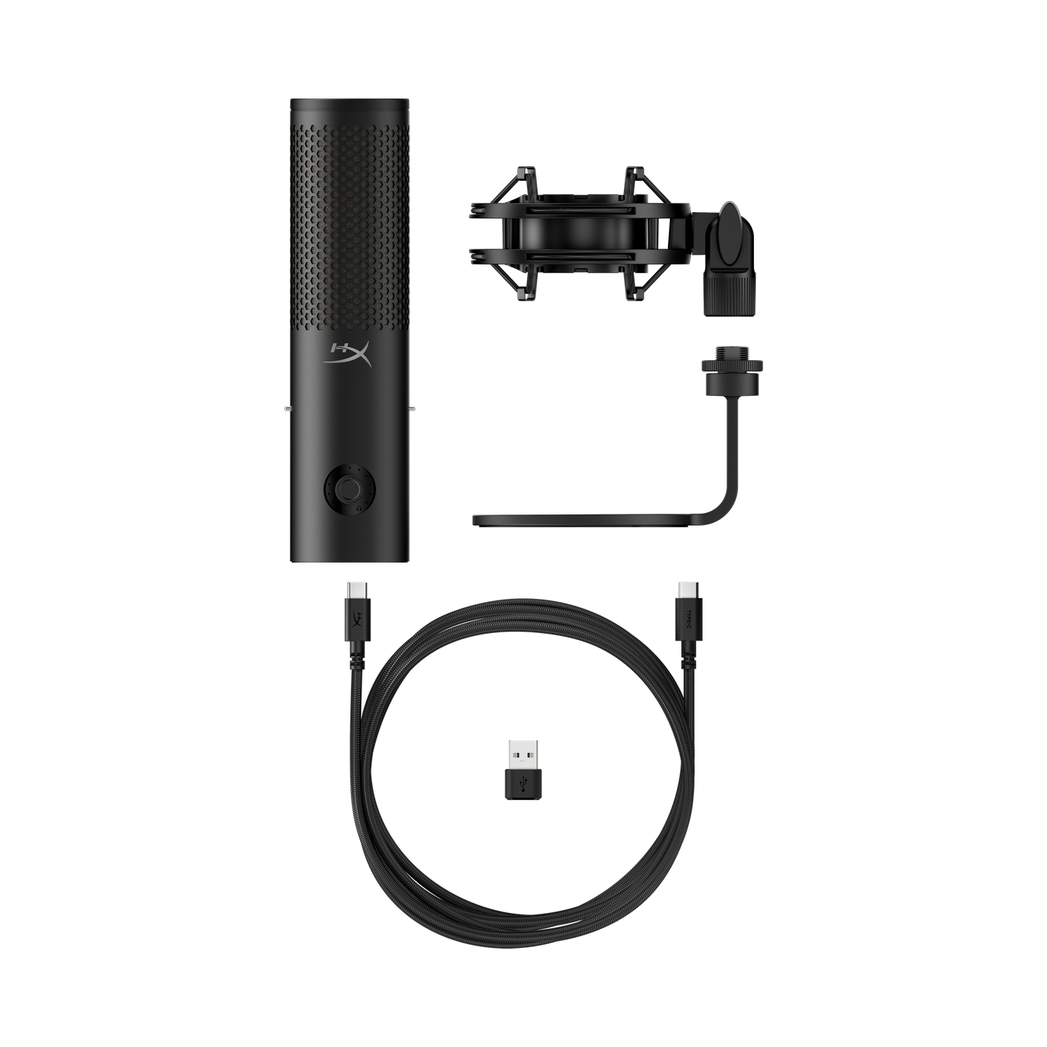 Micrófono negro, soporte antivibración, soporte, cables y adaptador sobre fondo negro.