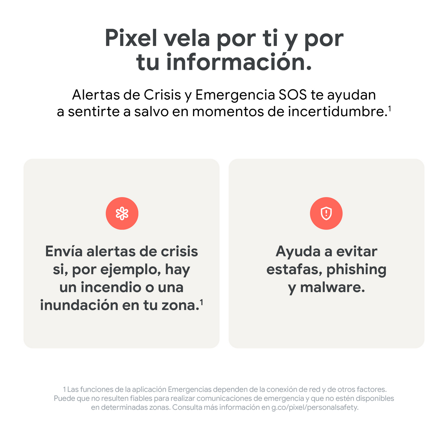 Dos cajas con texto en español, sobre alertas de crisis y evitar estafas.