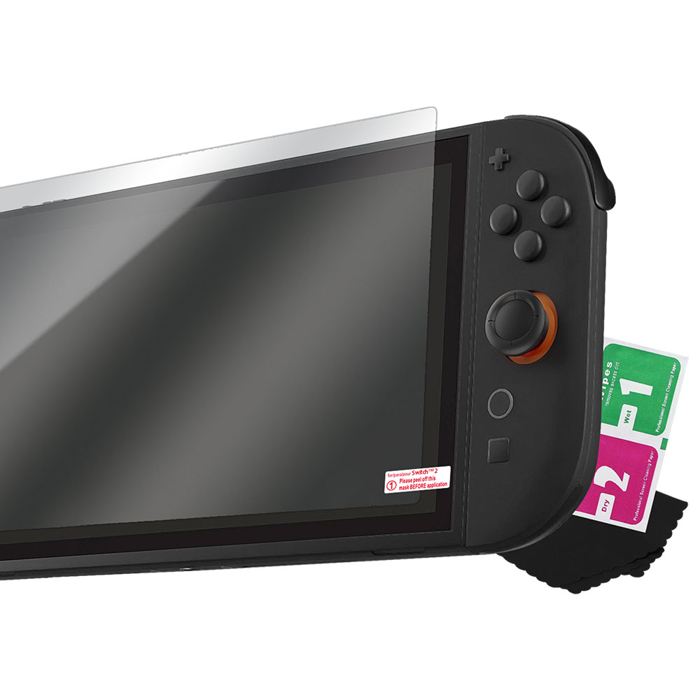 Nintendo Switch negra con protector de pantalla aplicado. También se ven toallitas e instrucciones.