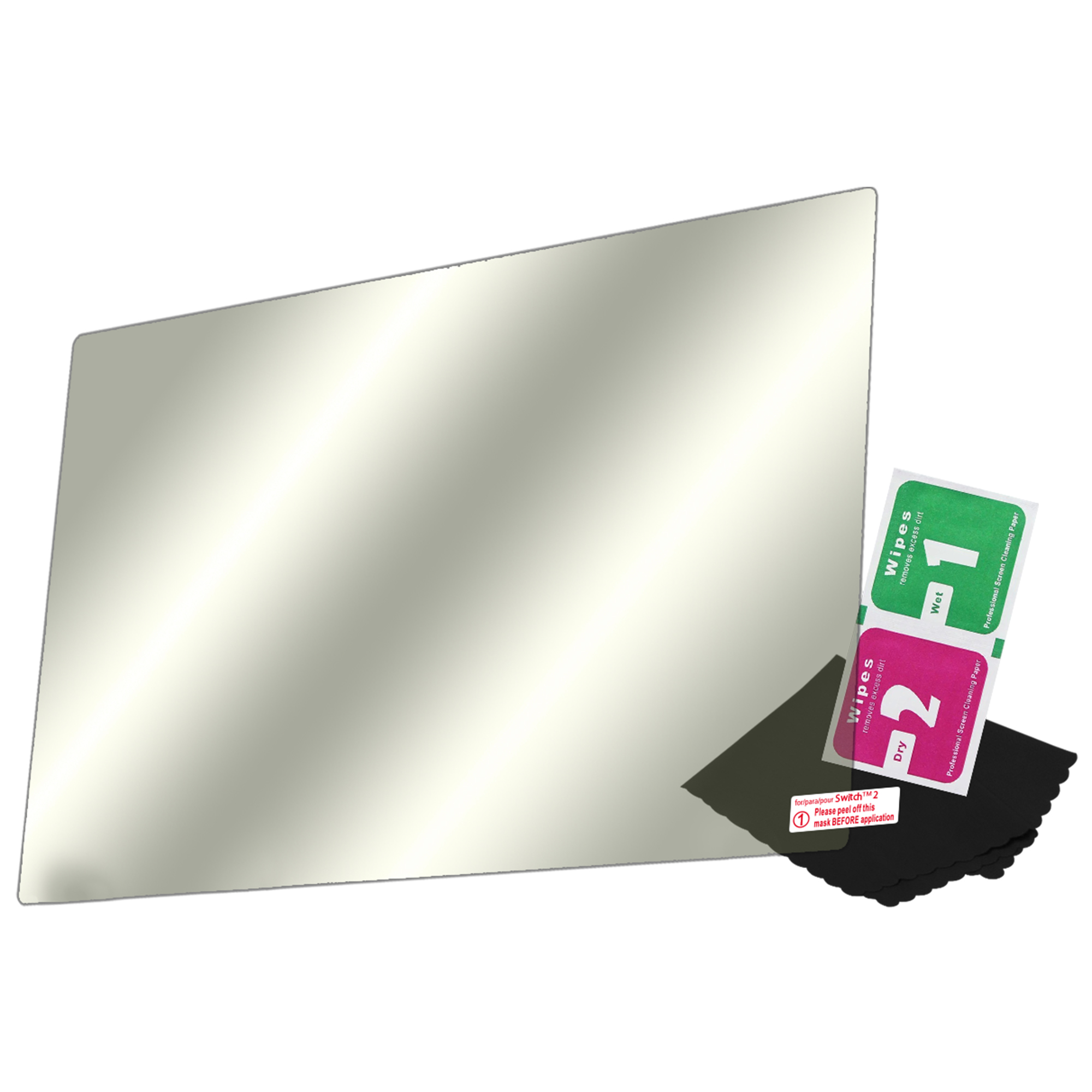 Protector de pantalla, toallitas para pantalla y un paño negro sobre un fondo blanco.