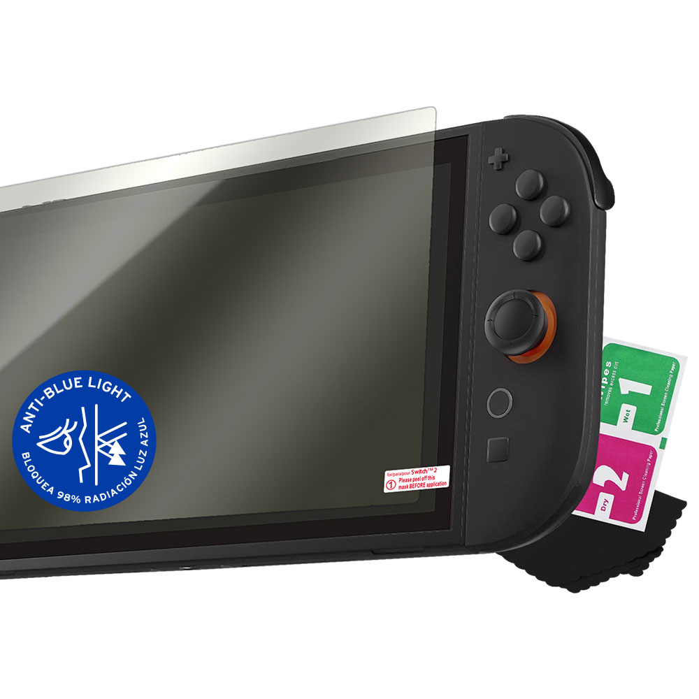 Consola Nintendo Switch con protector de pantalla aplicado. Los paquetes de limpieza son visibles.