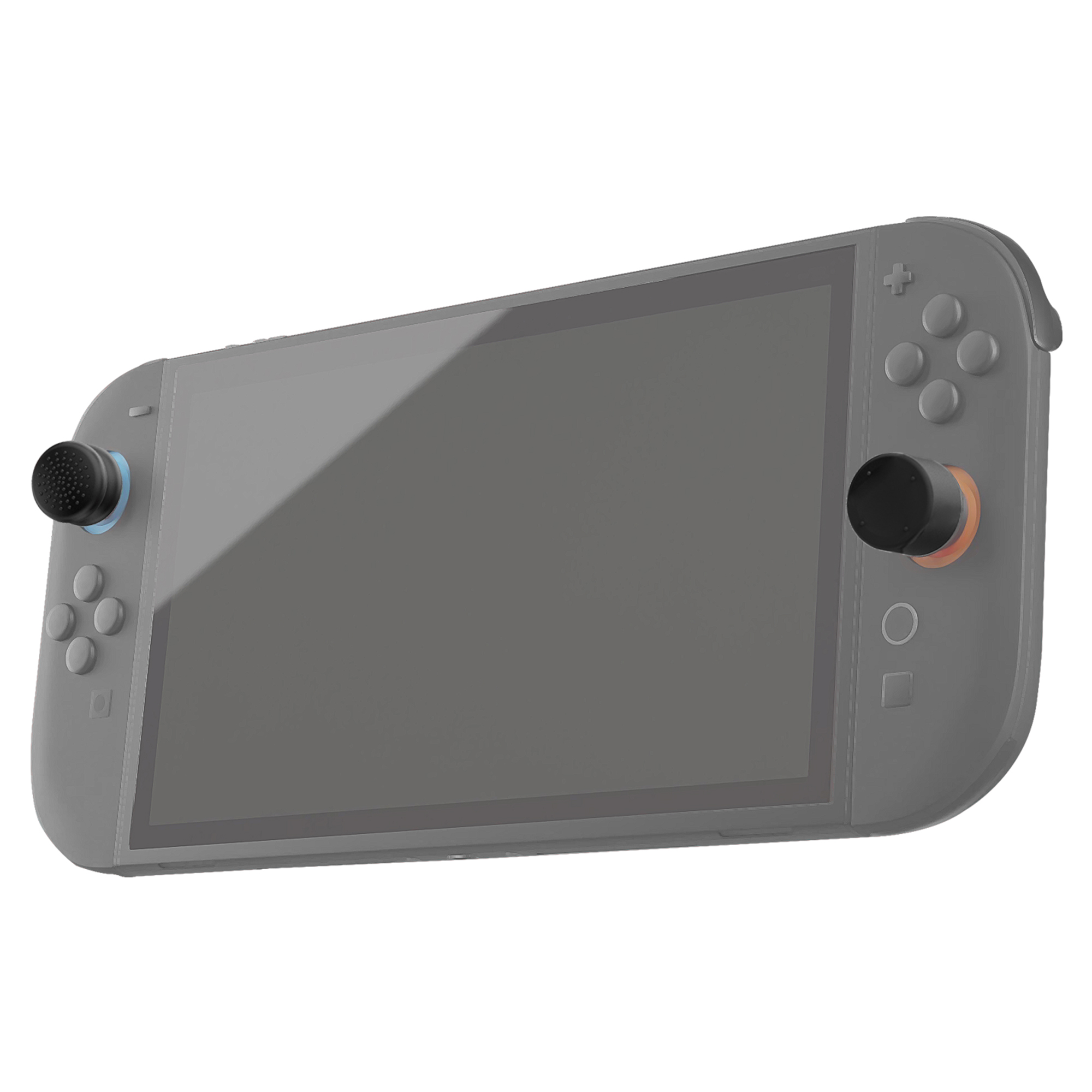 Consola Switch gris con mandos Joy-Con negros y azules. Pantalla gris oscuro. Fondo blanco.