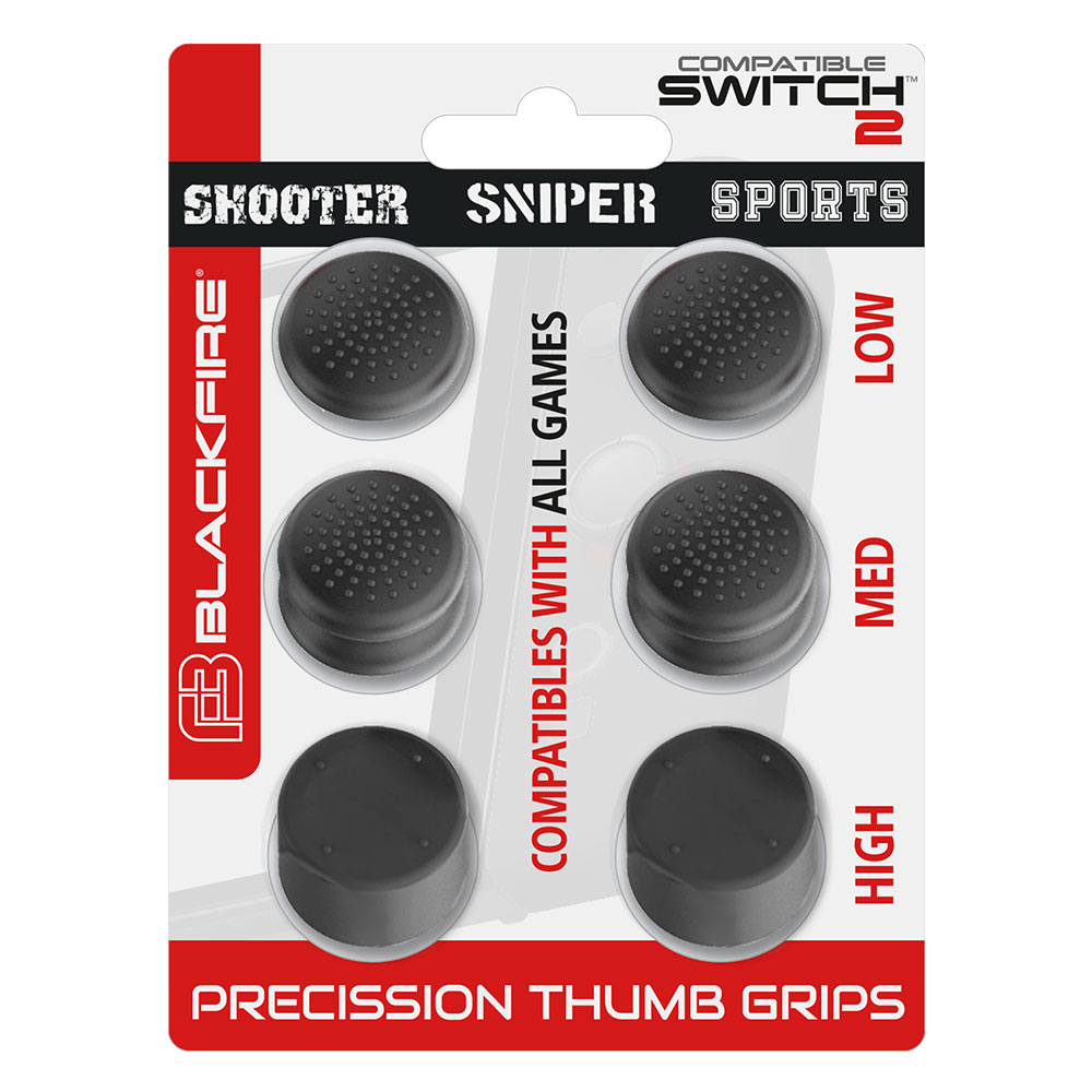 Agarres para pulgar en un paquete. Agarre negro, etiquetado con BAJO, MEDIO y ALTO. El texto dice 'Precision Thumb Grips'.