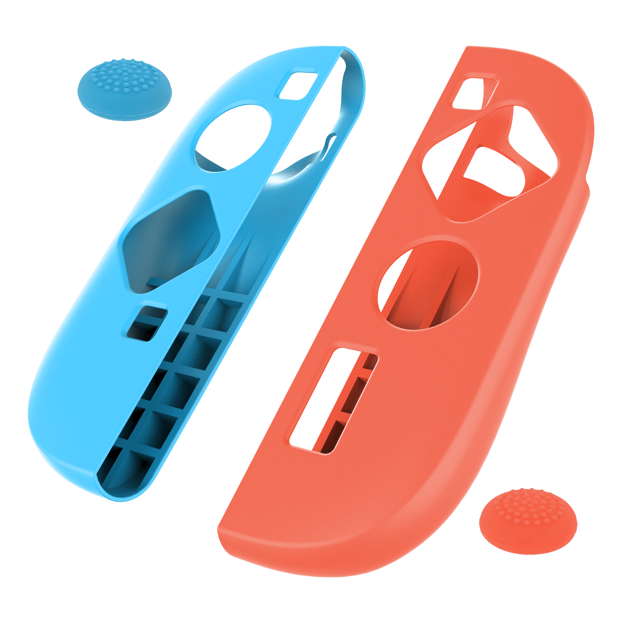 Carcasas de controlador Joy-Con azul y naranja con agarres para pulgares.