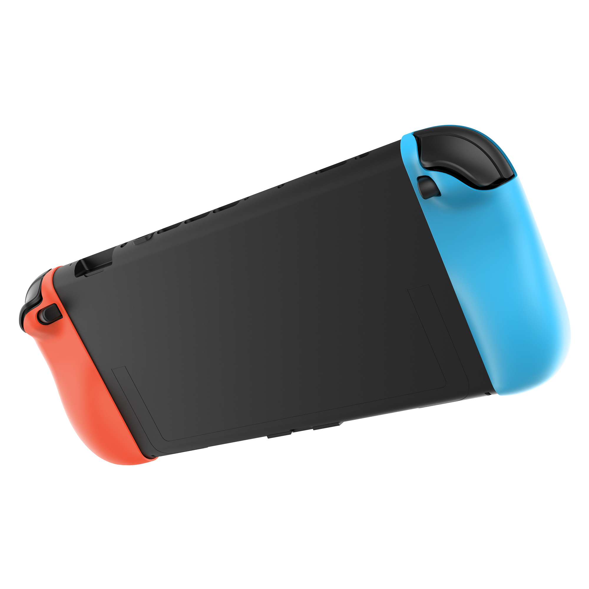 Un mando de Switch negro con lados azules y rojos, inclinado hacia arriba.