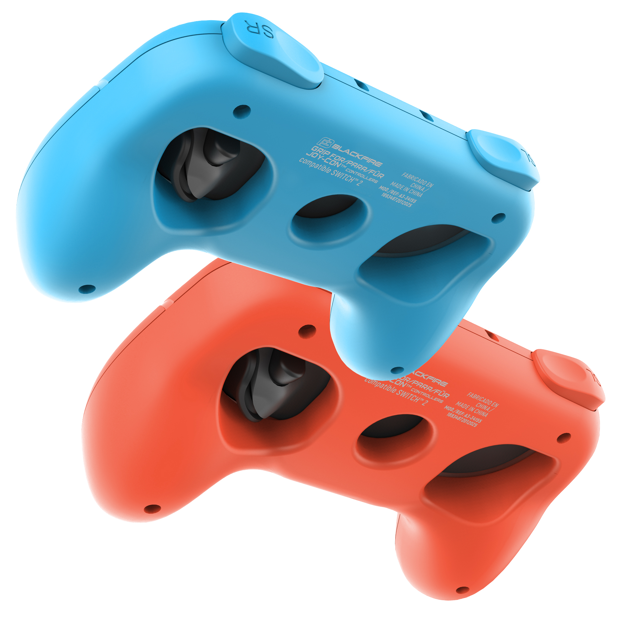 Dos mandos de juego, azul y rojo. Se ven las etiquetas 'BLACKFIRE' y 'Compatible Switch'.