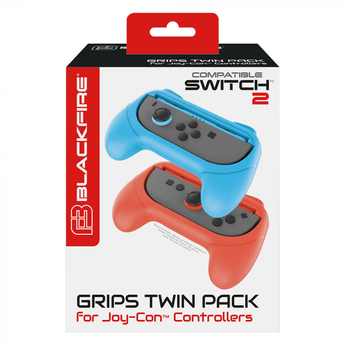 Agarres para mando Blackfire Joy-Con en una caja. Se ven agarres azules y rojos.