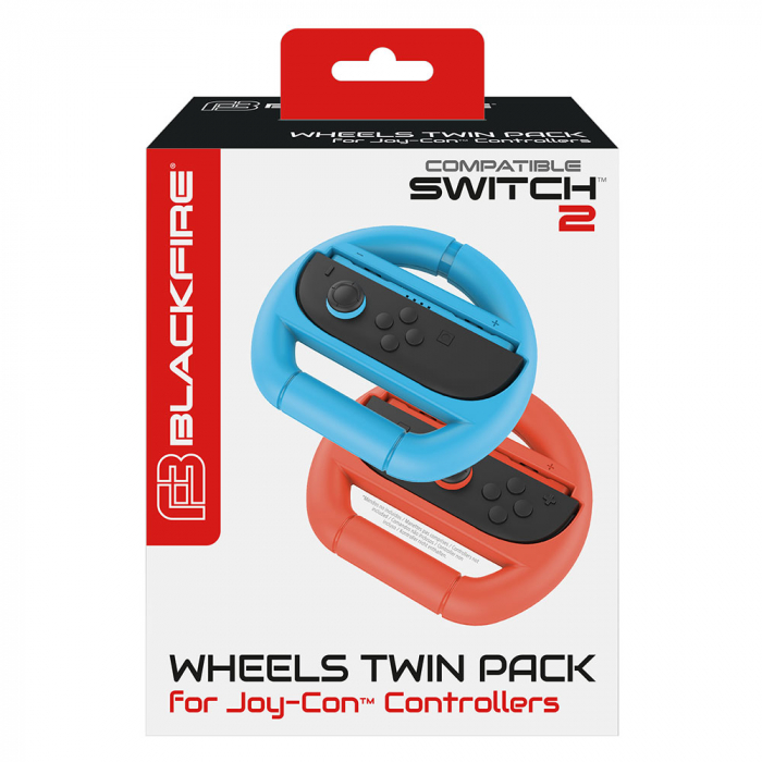 Ruedas Joy-Con en una caja. Se ven ruedas azules y naranjas. El texto dice 'Wheels Twin Pack'.