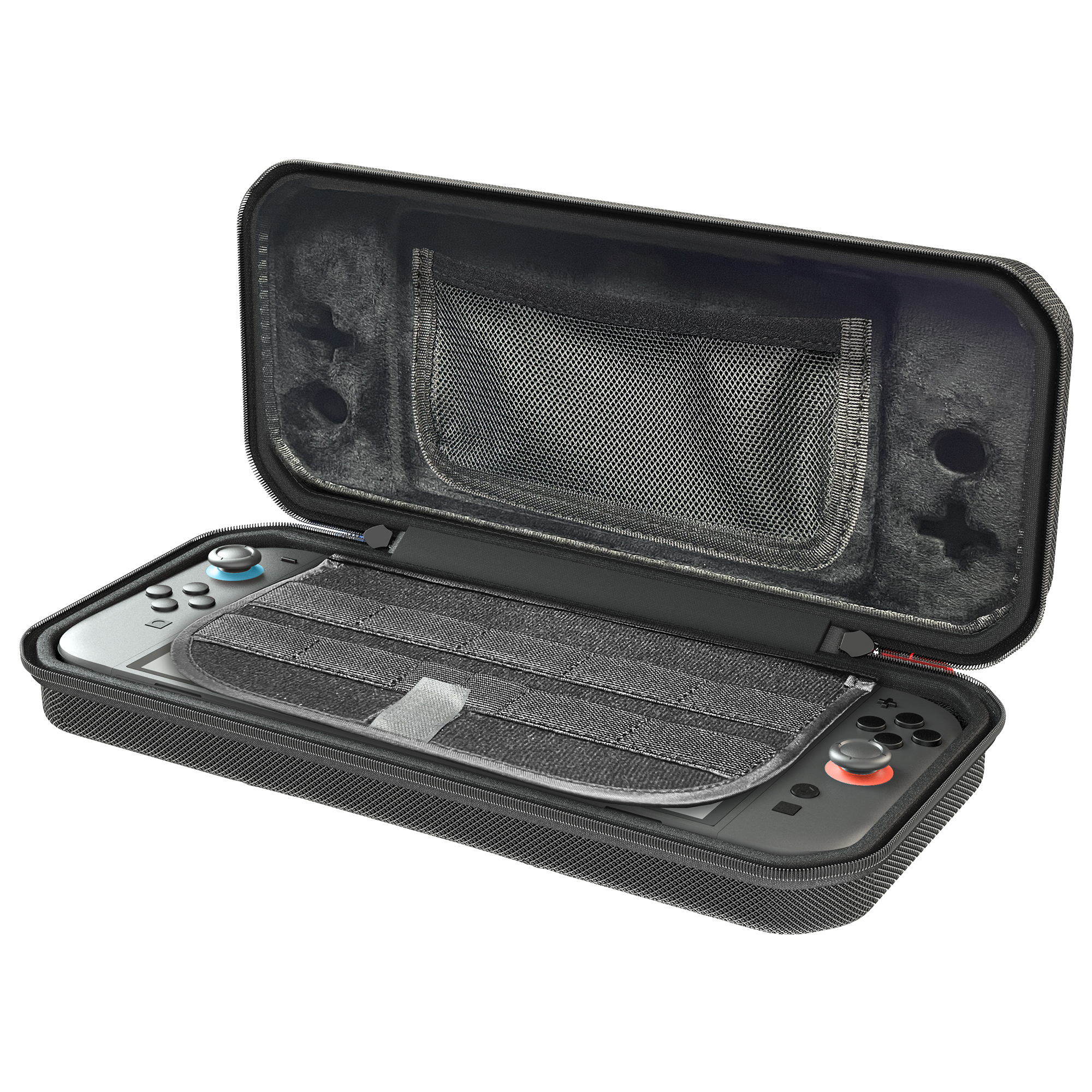 Funda de transporte negra con una Nintendo Switch gris. Carcasa abierta, mostrando consola y accesorios.