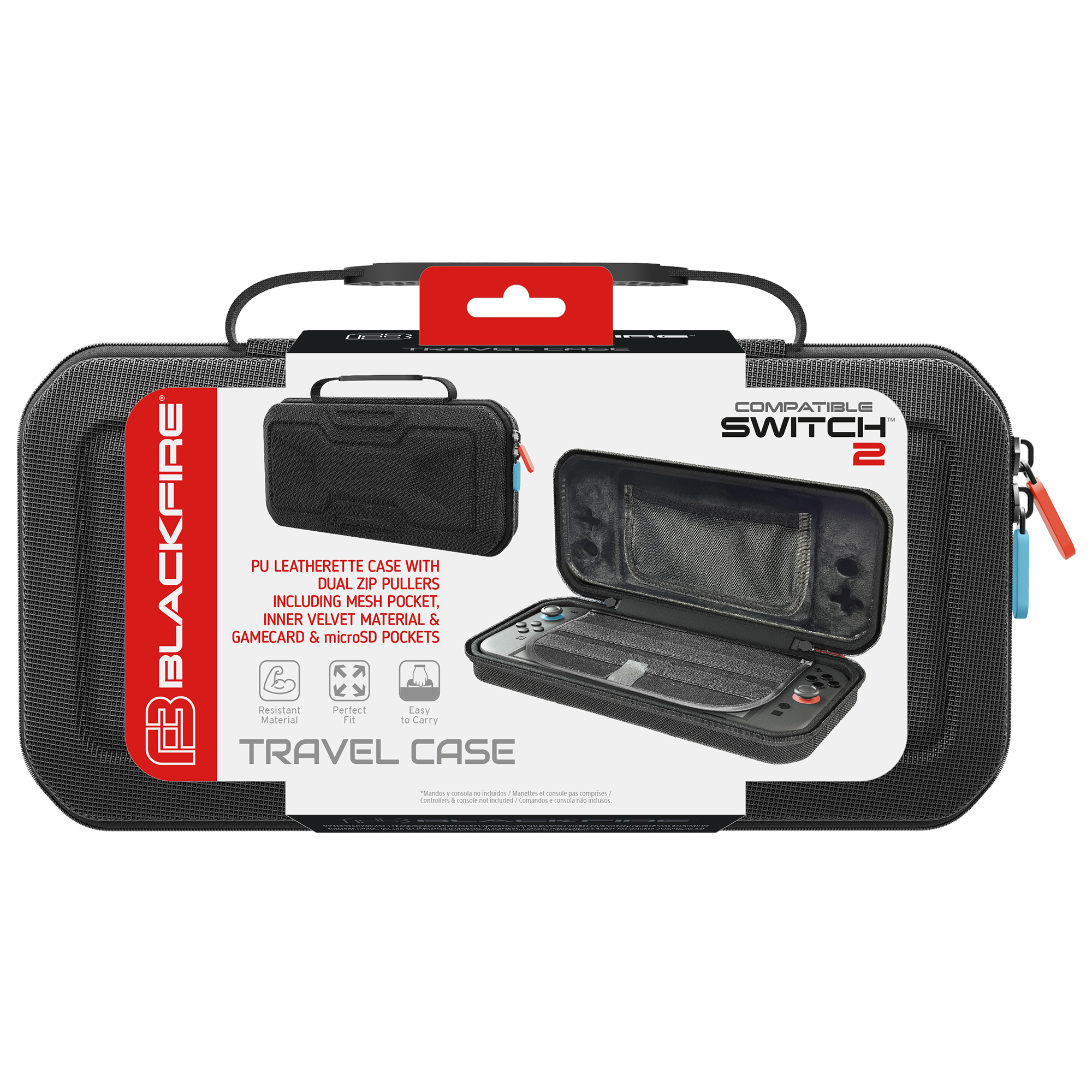 Una funda de viaje negra para una consola Switch 2 con asa roja y cremallera azul.