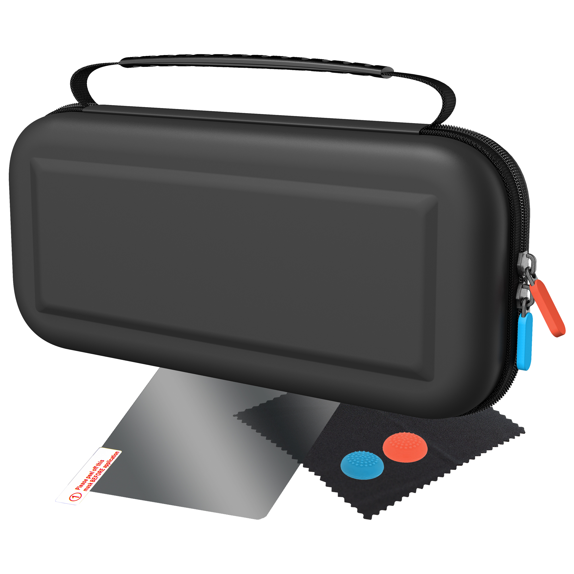 Estuche negro con asa, cremallera y protector de pantalla con accesorios.