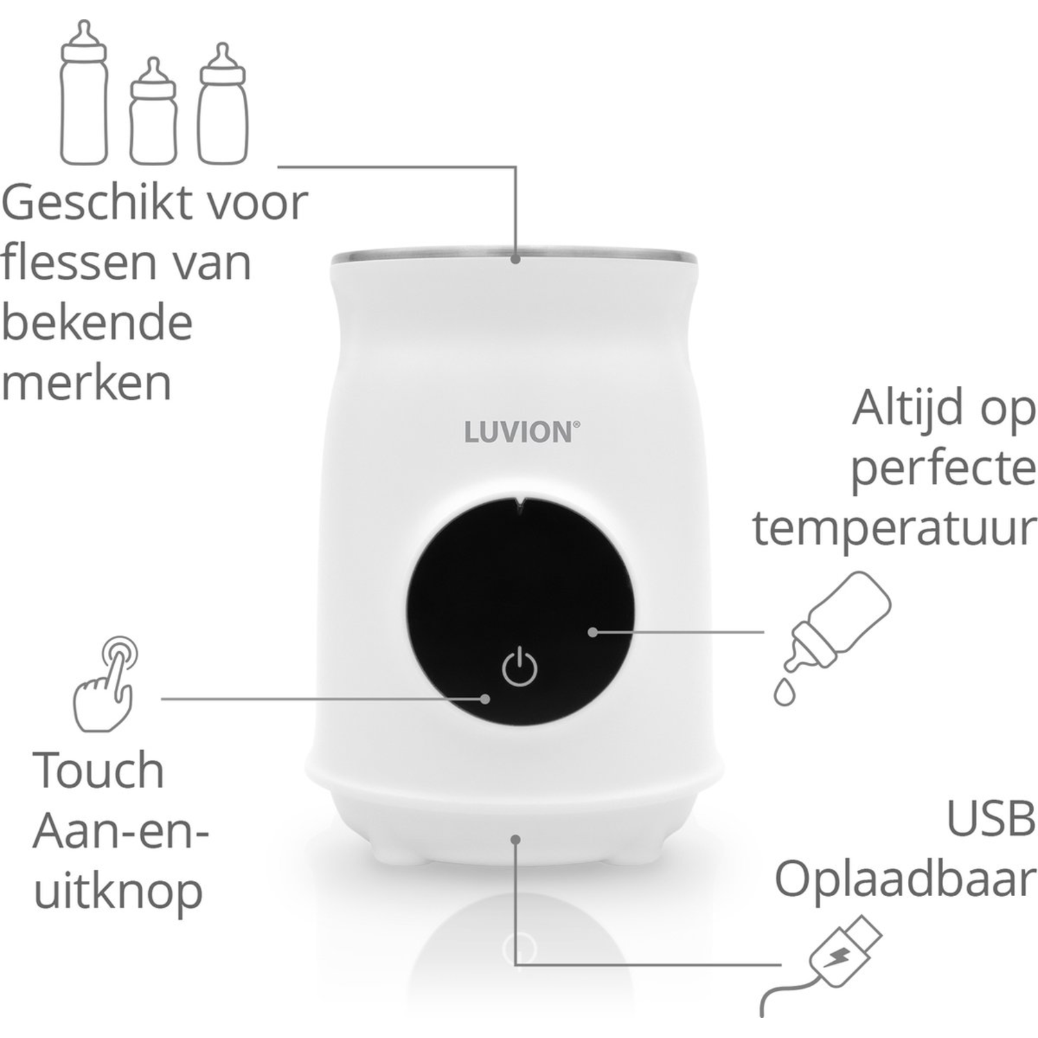 A white baby bottle warmer with labels indicating its features.