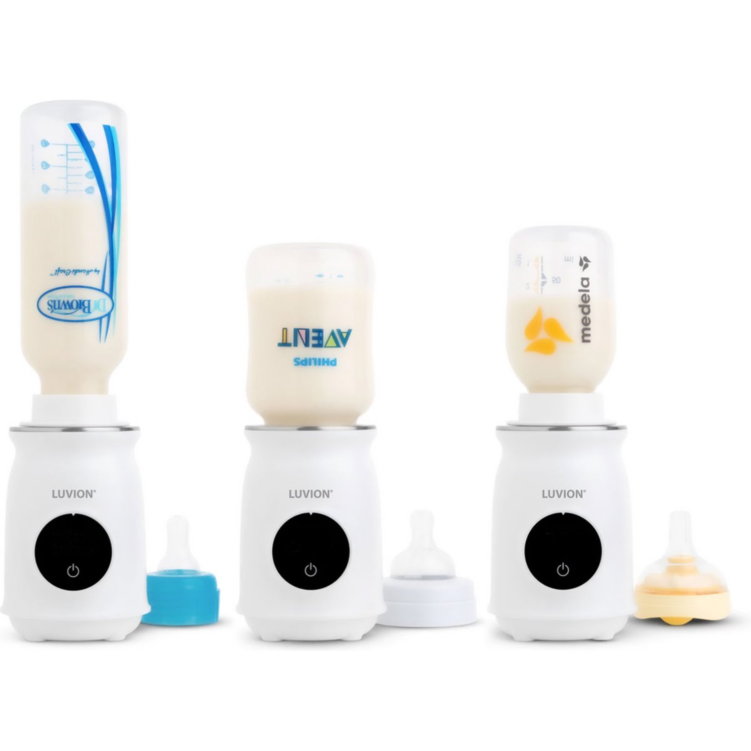 Three baby bottle warmers with bottles, white background.