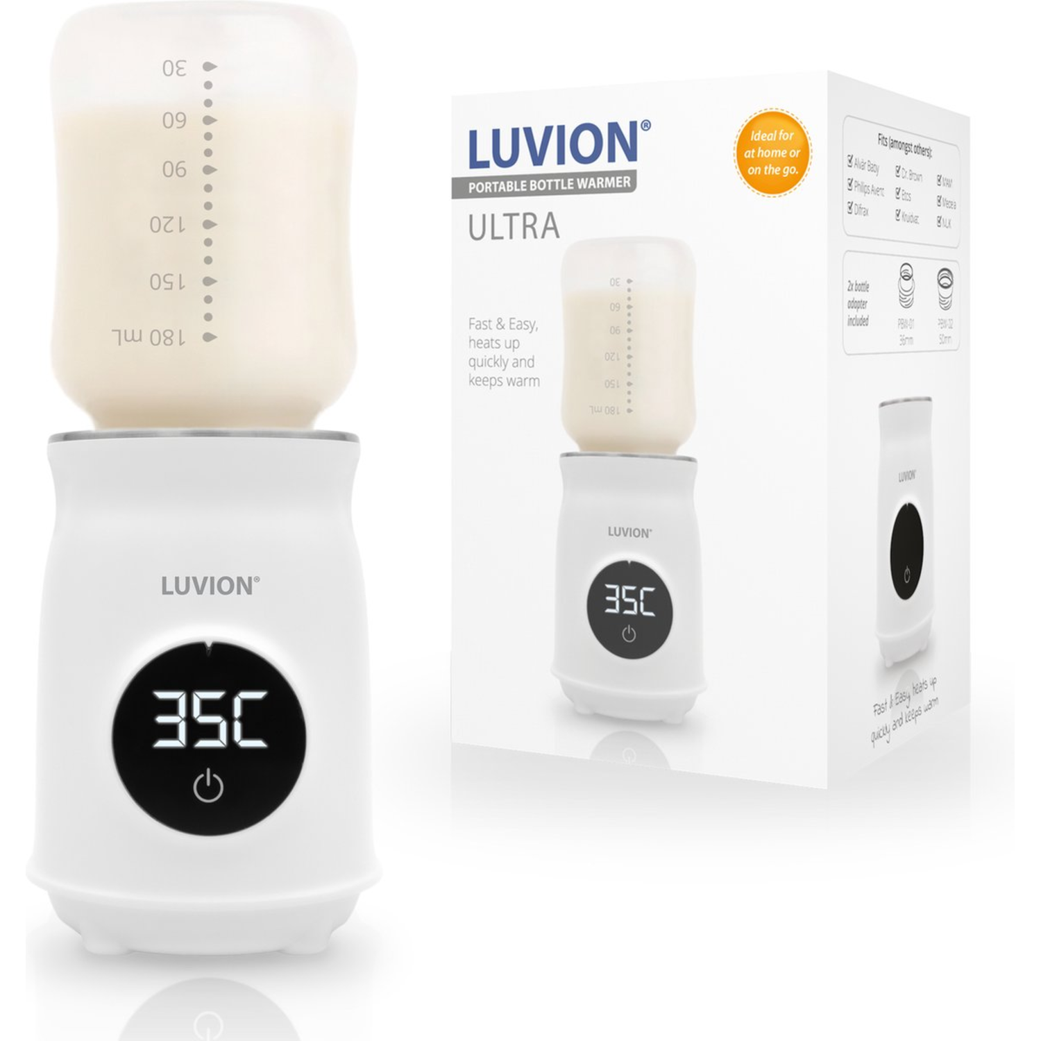 White bottle warmer with a bottle in it, and a screen showing the temperature.