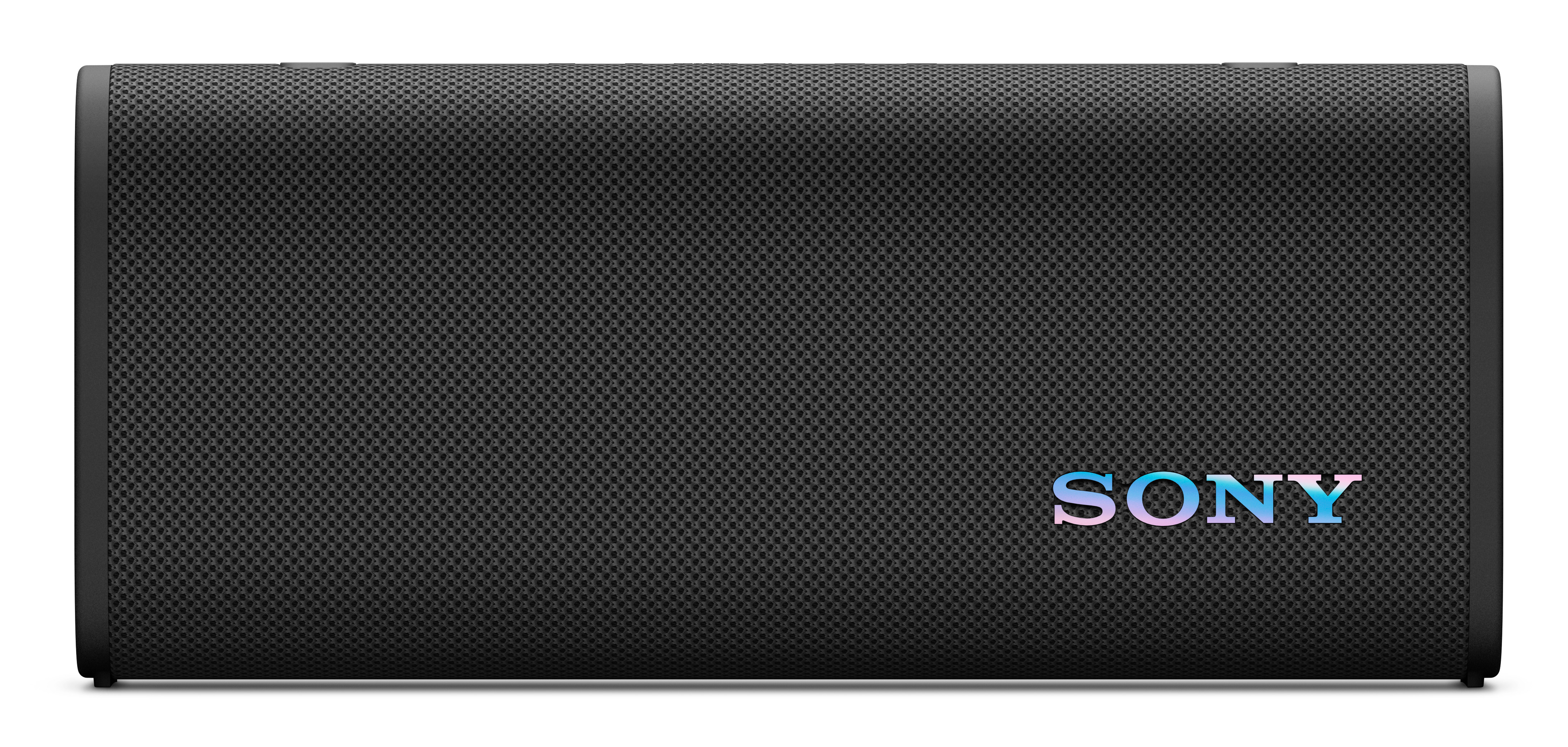 Czarny głośnik z napisem SONY w kolorach tęczy na czarnym tle.