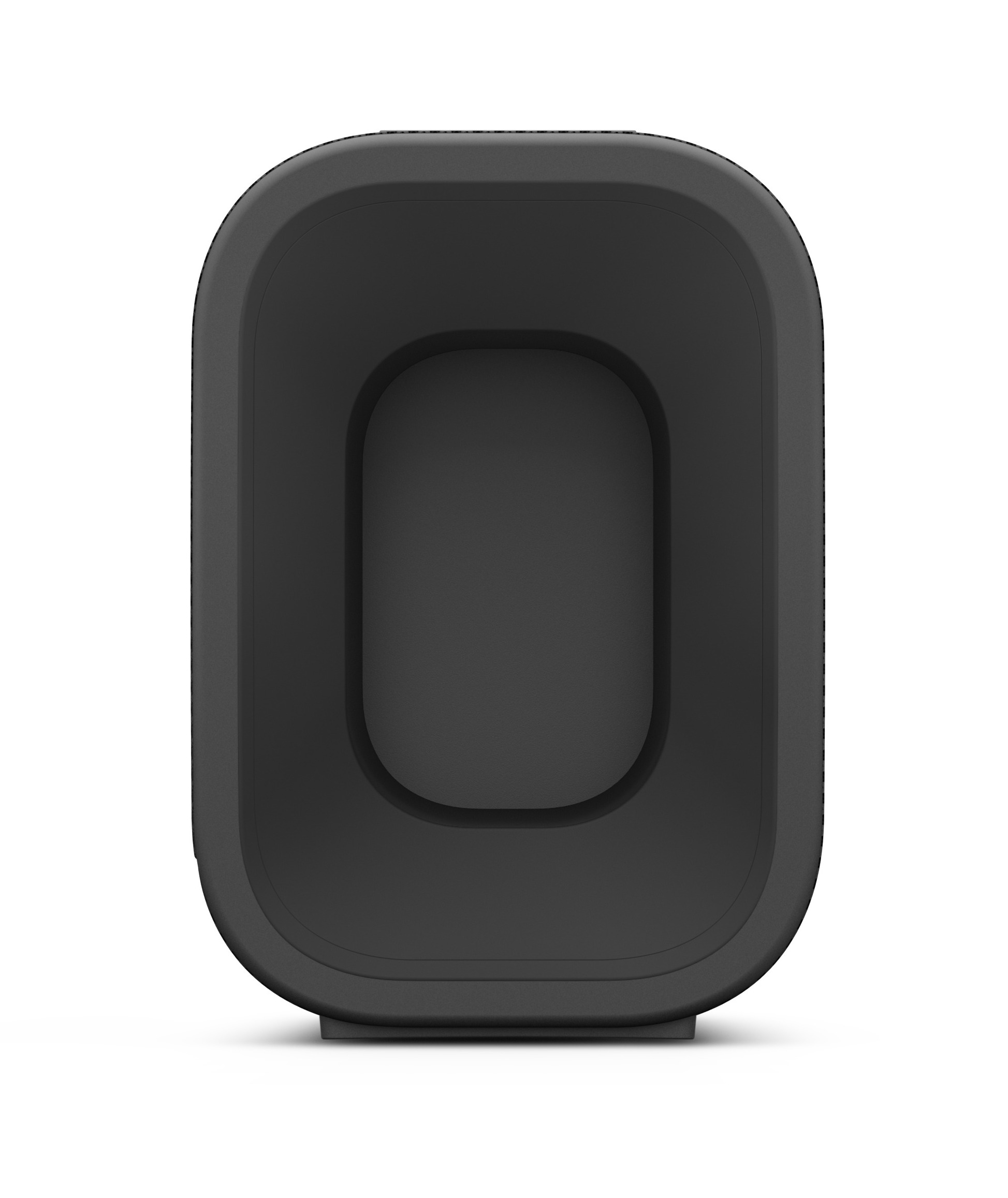 Czarne, zaokrąglone prostokątne urządzenie z wpuszczonym owalem pośrodku.