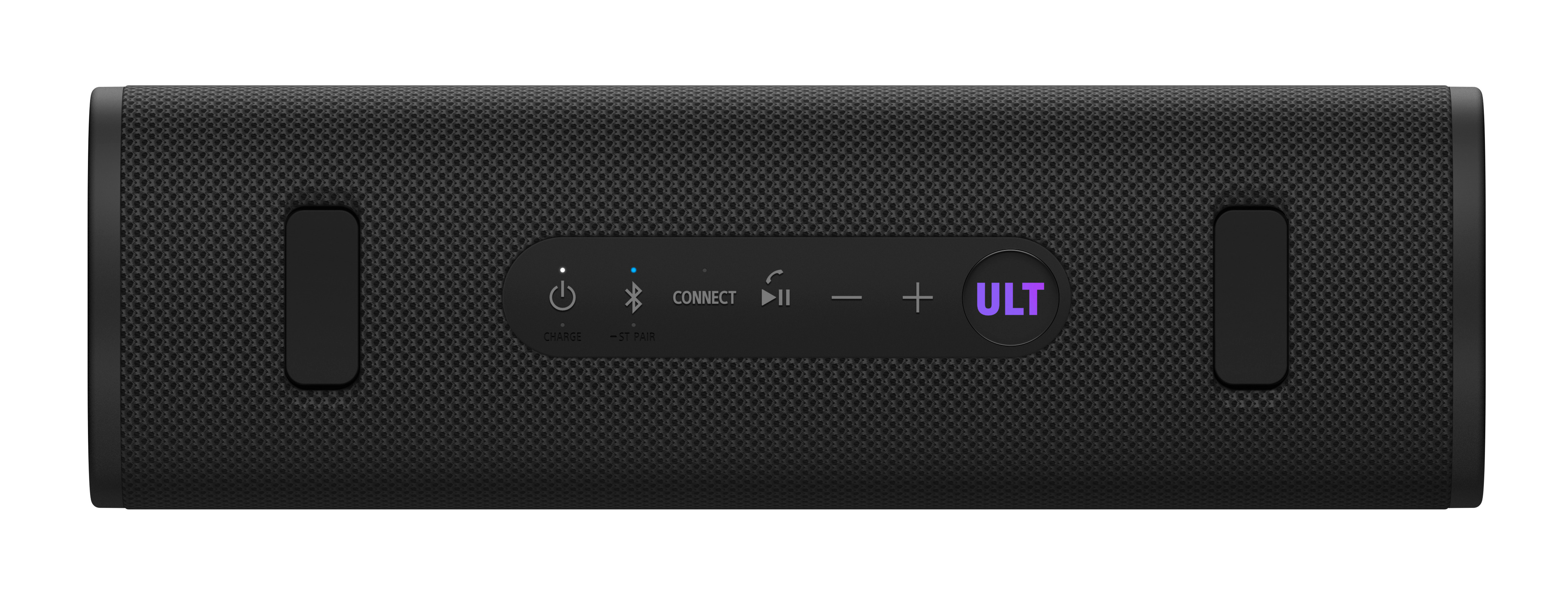 Czarny głośnik z przyciskami na górze. Przyciski obejmują zasilanie, bluetooth, połączenie i regulację głośności.