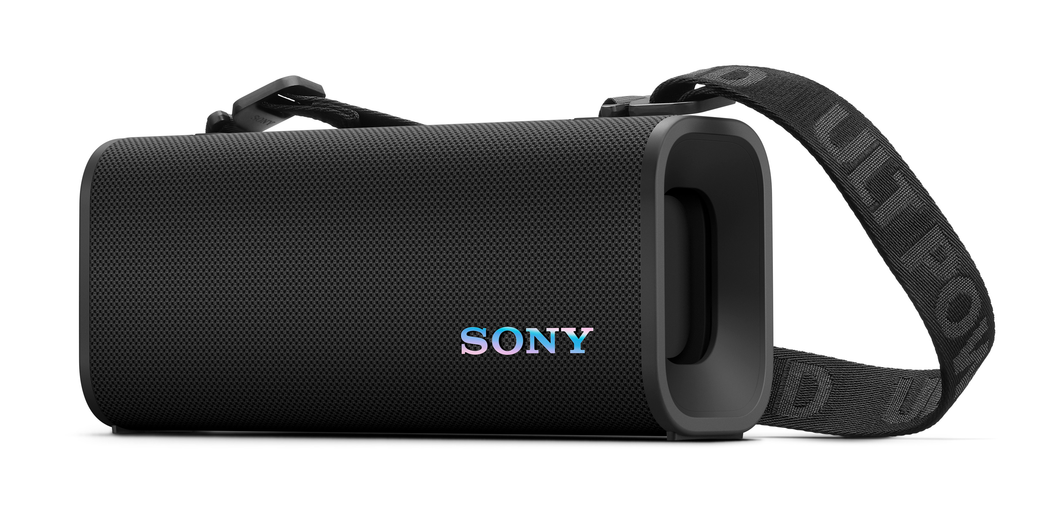 Czarny głośnik z paskiem, białym tłem i logo Sony.