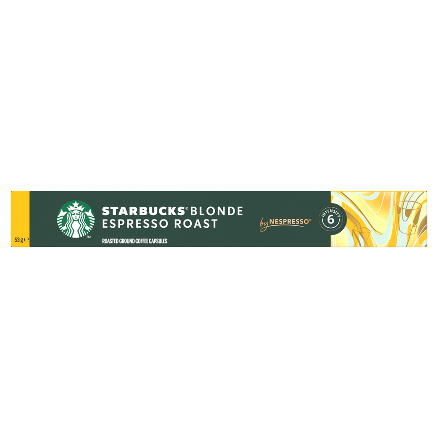 Cápsulas de café Starbucks Blonde Espresso Roast en caja amarilla y verde.