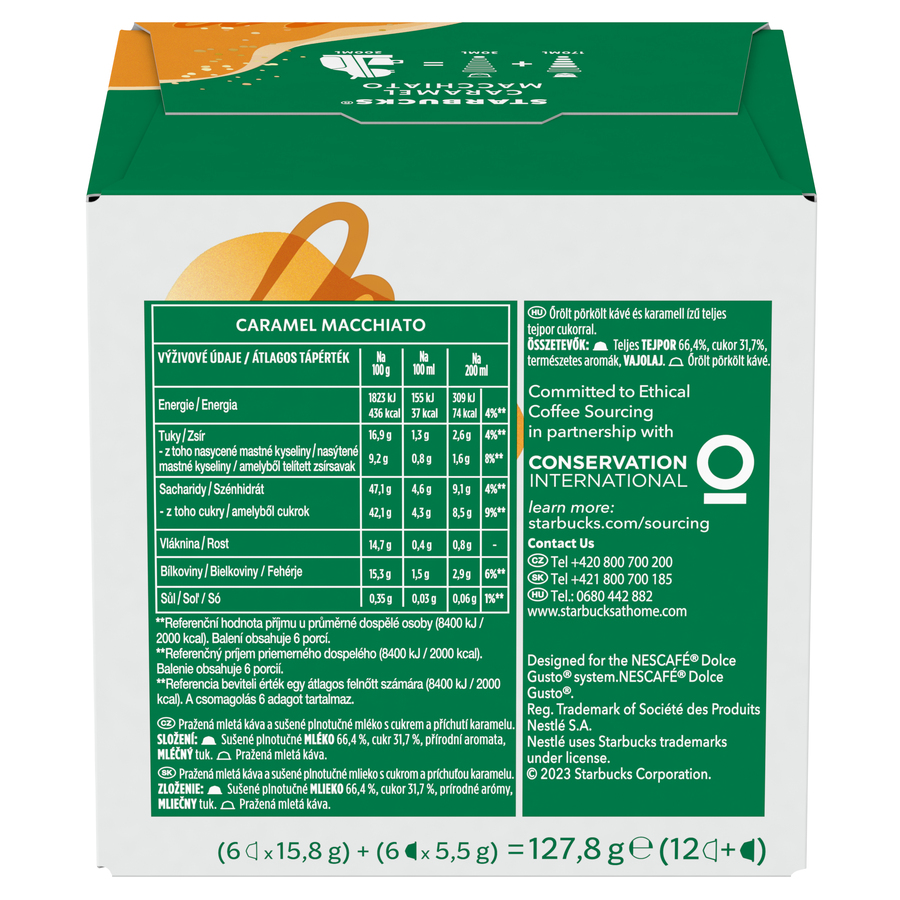 Una caja de café Caramel Macchiato. La información nutricional y los ingredientes se muestran en la caja.