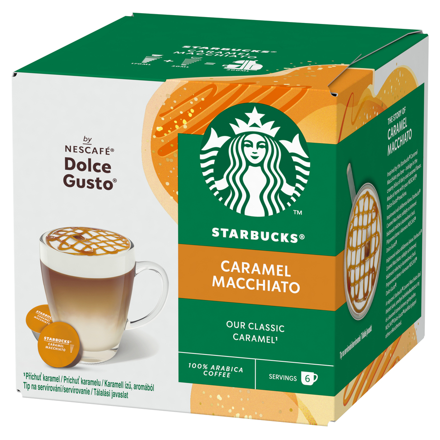 Caja de cápsulas de café Starbucks Caramel Macchiato. Caja con foto de la bebida y el logo de Starbucks.
