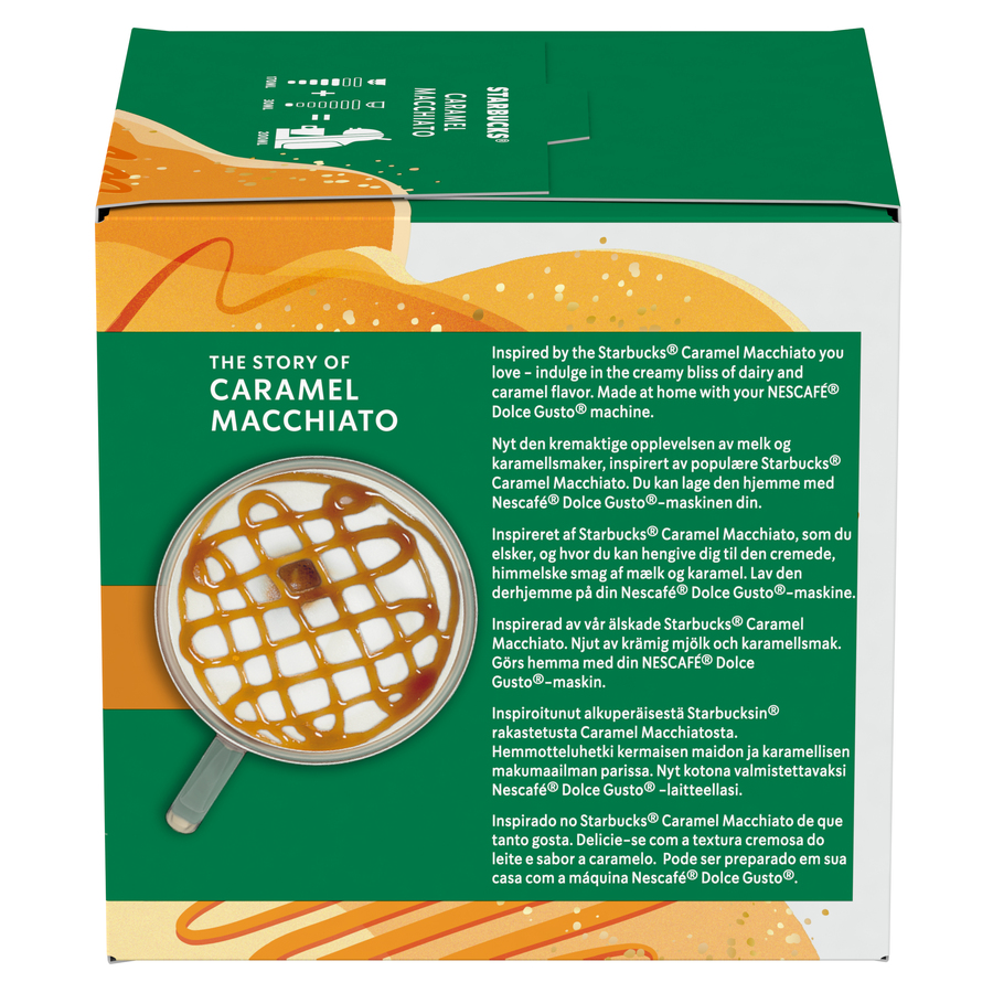 La imagen muestra una caja de cápsulas de café Starbucks Caramel Macchiato.