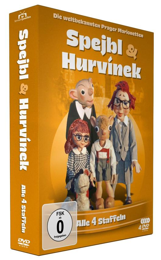 DVD-Box, 'Spejbl & Hurvínek', Zeichentrickfiguren, orangefarbener Hintergrund.