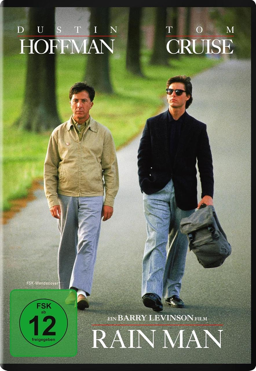 Rain Man DVD-Cover. Dustin Hoffman und Tom Cruise gehen. Weißer Hintergrund.